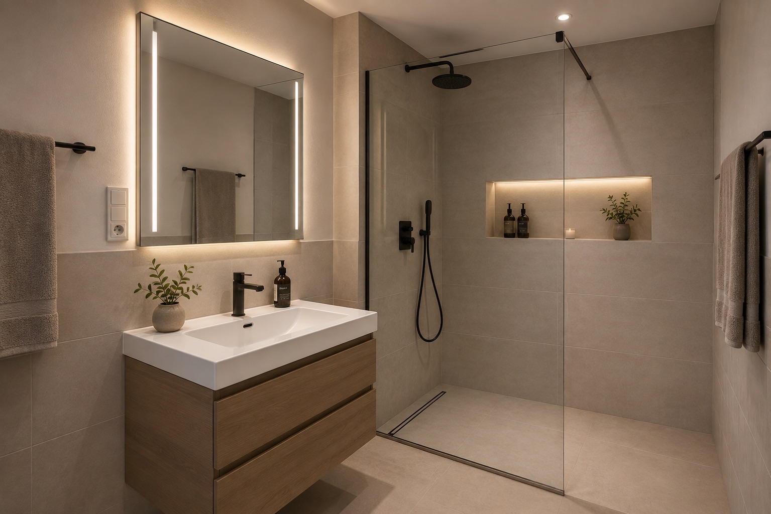 Modernes Bad mit beleuchtetem Spiegel, Waschbecken, Holzunterschrank und offener Dusche.