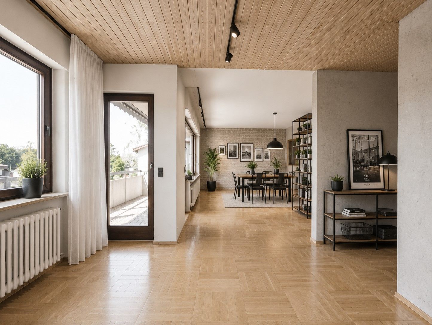 Helles Wohnzimmer mit Holzboden, Fenstern, Esstisch, Pflanzen und Regalwand.