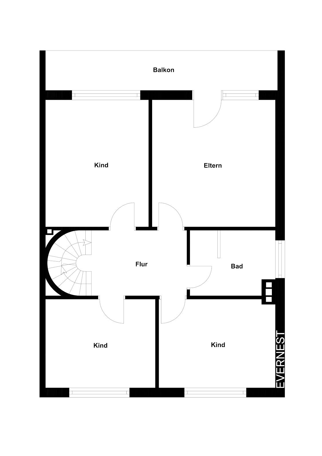 Grundriss mit Flur, Bad, Eltern-, vier Kinderzimmern und Balkon.