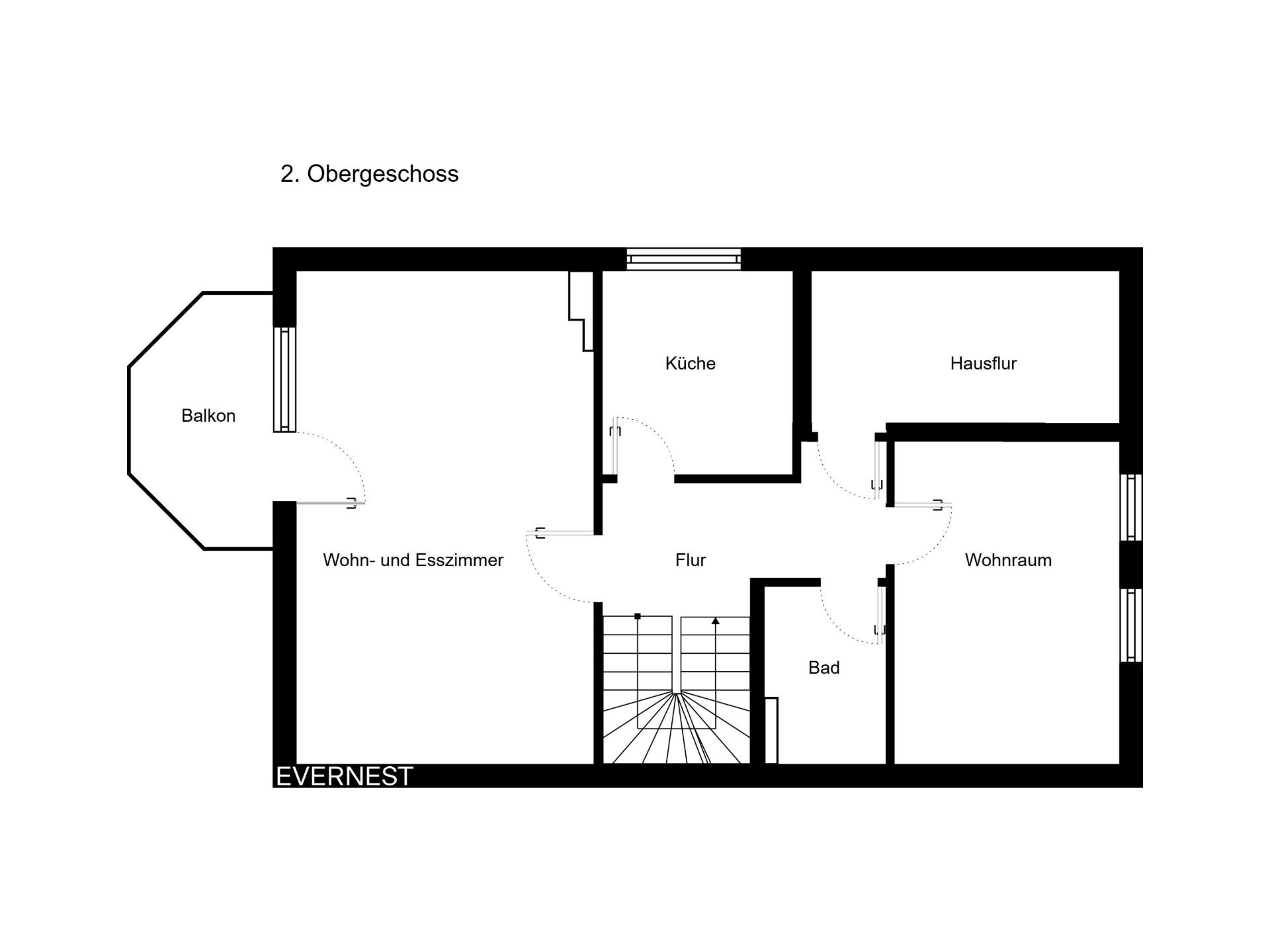 Grundriss des zweiten Obergeschosses mit Balkon, Wohn- und Esszimmer, Küche, Bad und Wohnraum.