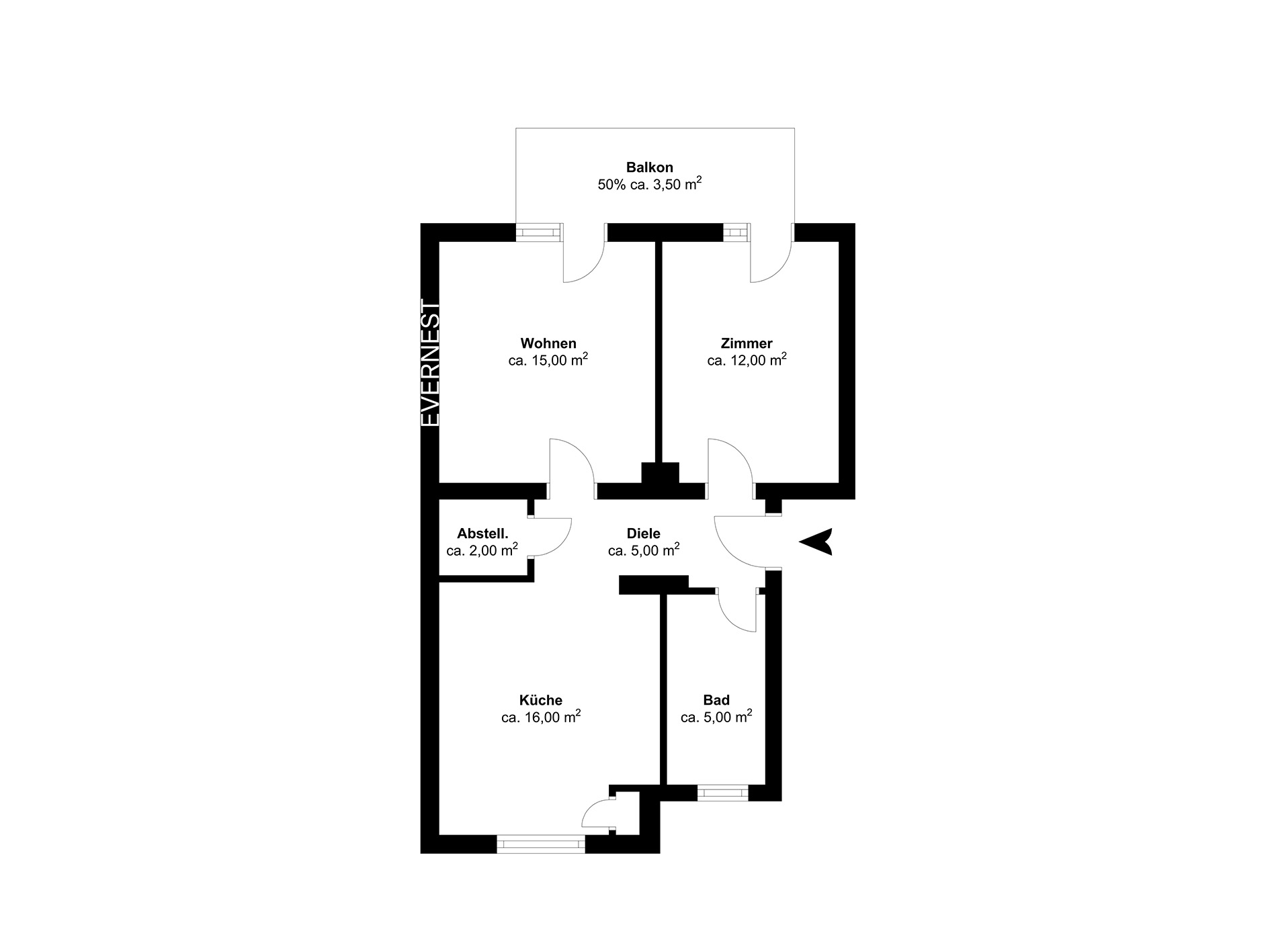 Grundriss einer Wohnung mit Wohnzimmer, Zimmer, Küche, Bad, Abstellraum, Diele und Balkon.