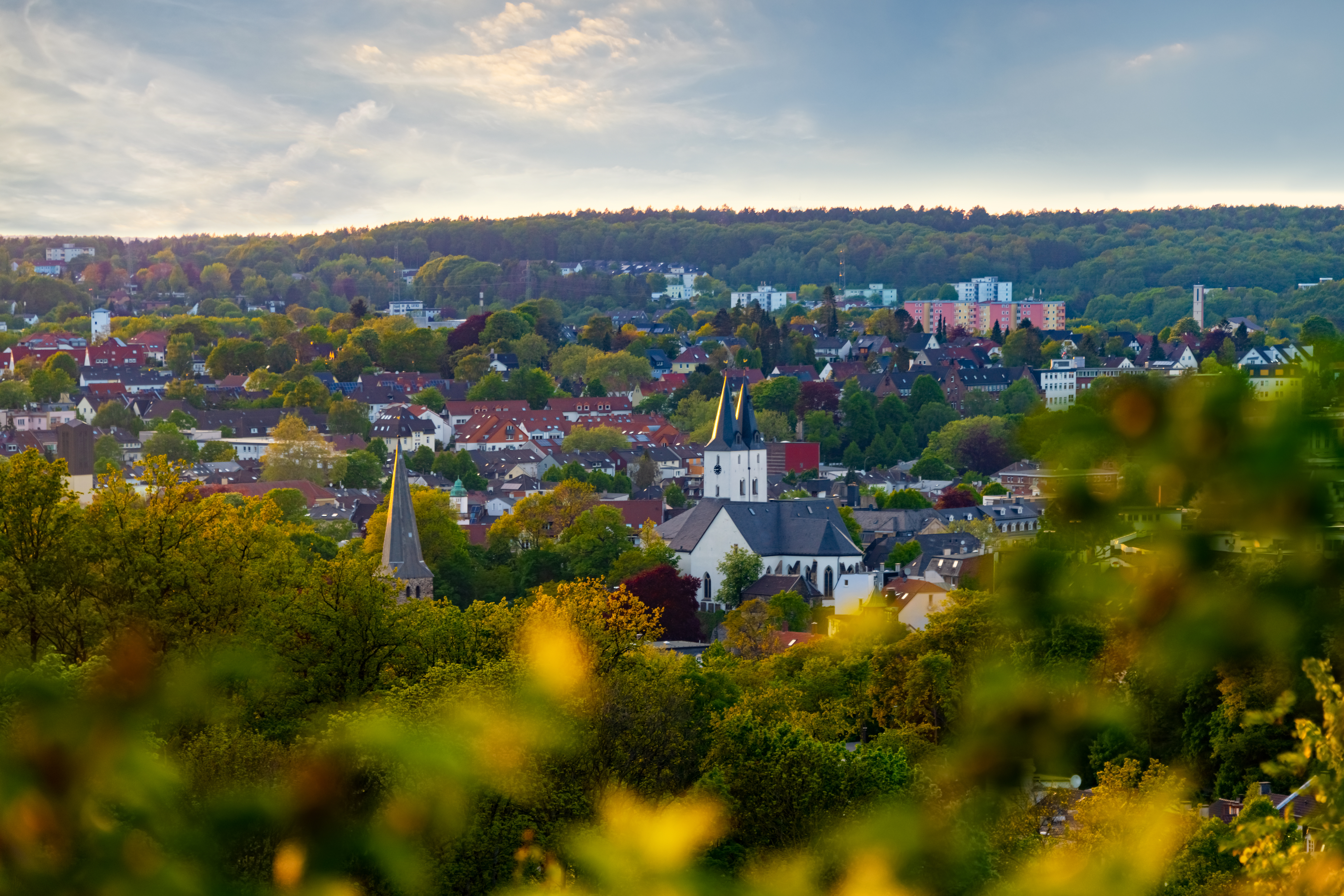 Blick auf eine Stadt mit vielen Häusern, Kirchen und Bäumen im Vordergrund.