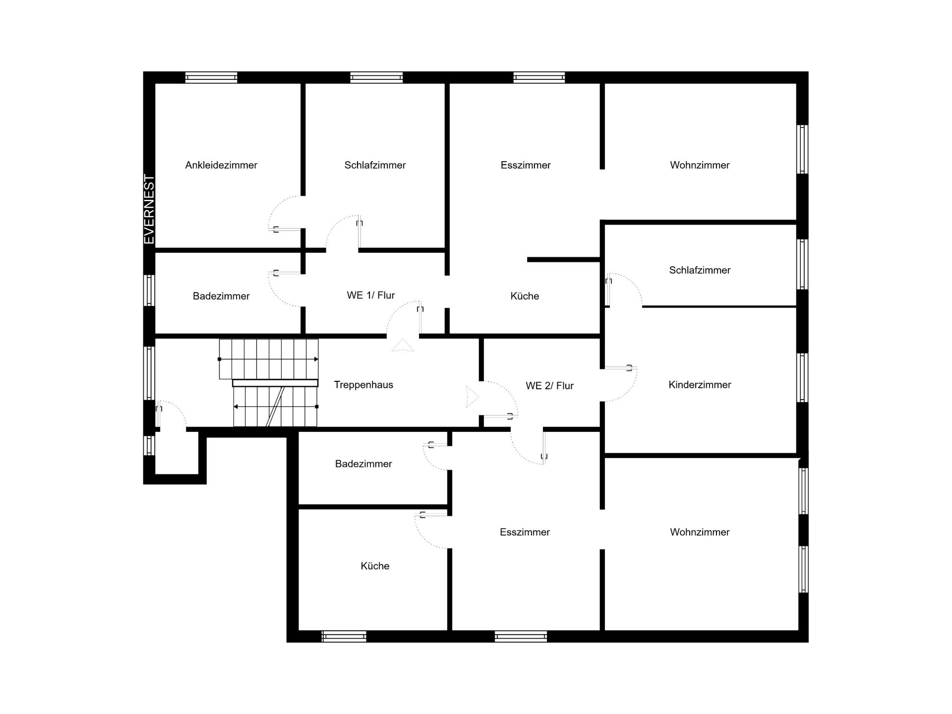 Grundriss einer Wohnung mit Schlafzimmern, Wohnzimmern, Küchen und Bädern.
