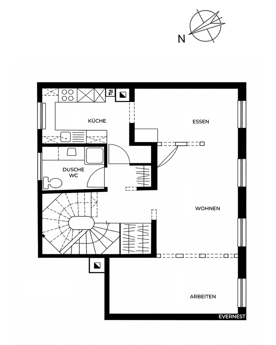 Grundriss mit Küche, Bad, Wohn-, Ess- und Arbeitsbereich sowie Treppe und Fenstern.