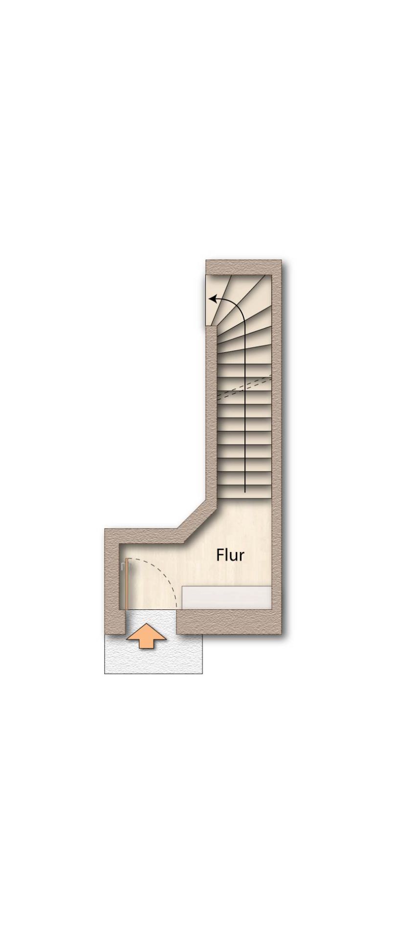 Grundriss mit Flur, Eingangstür und Treppe nach oben.