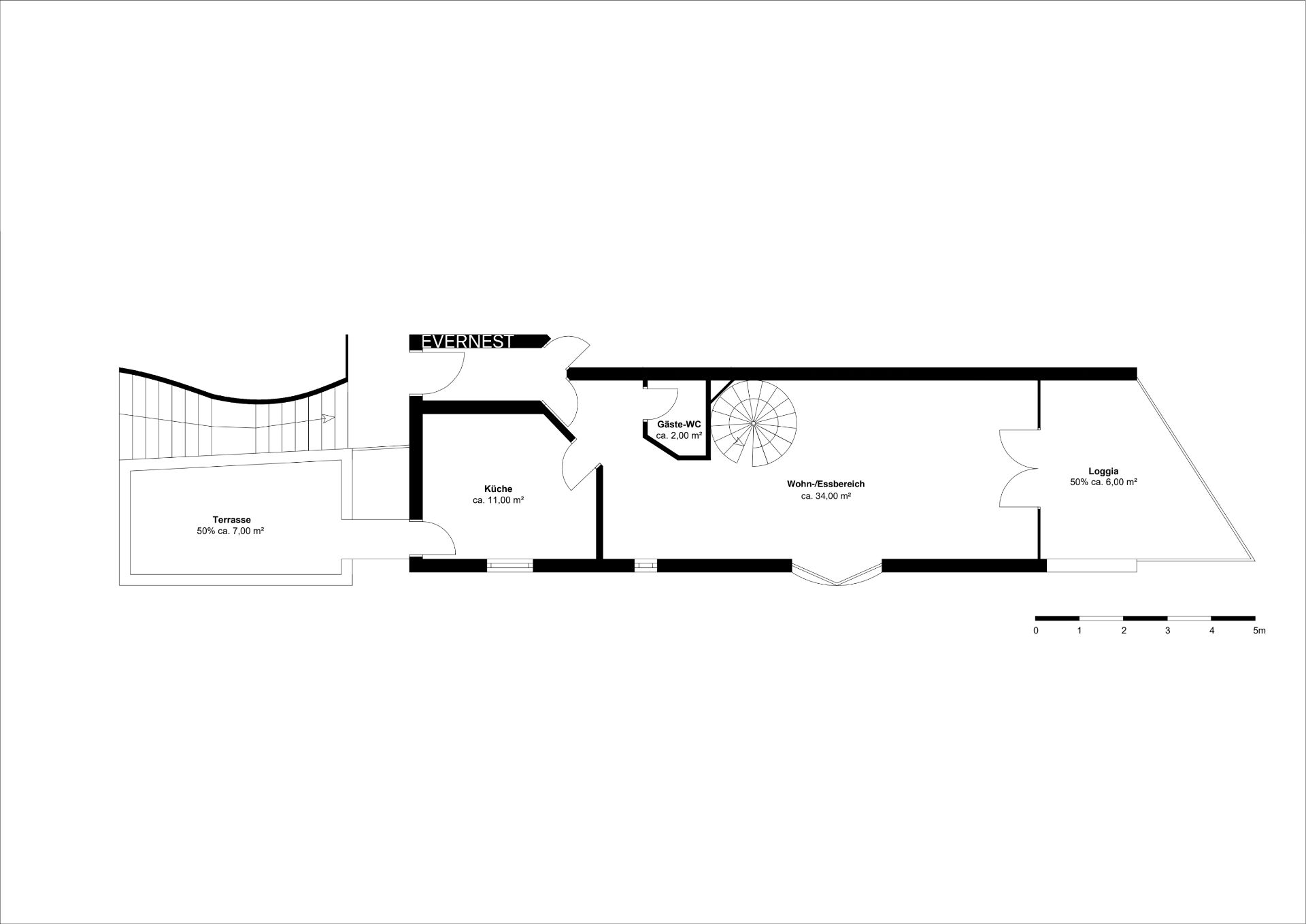 Grundriss mit Küche, Wohnbereich, Gäste-WC, Terrasse und Loggia.