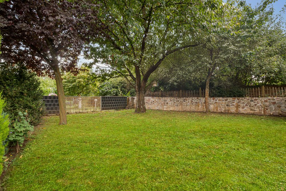 Grüner Garten mit Rasen, Bäumen und einer niedrigen Steinmauer im Hintergrund.
