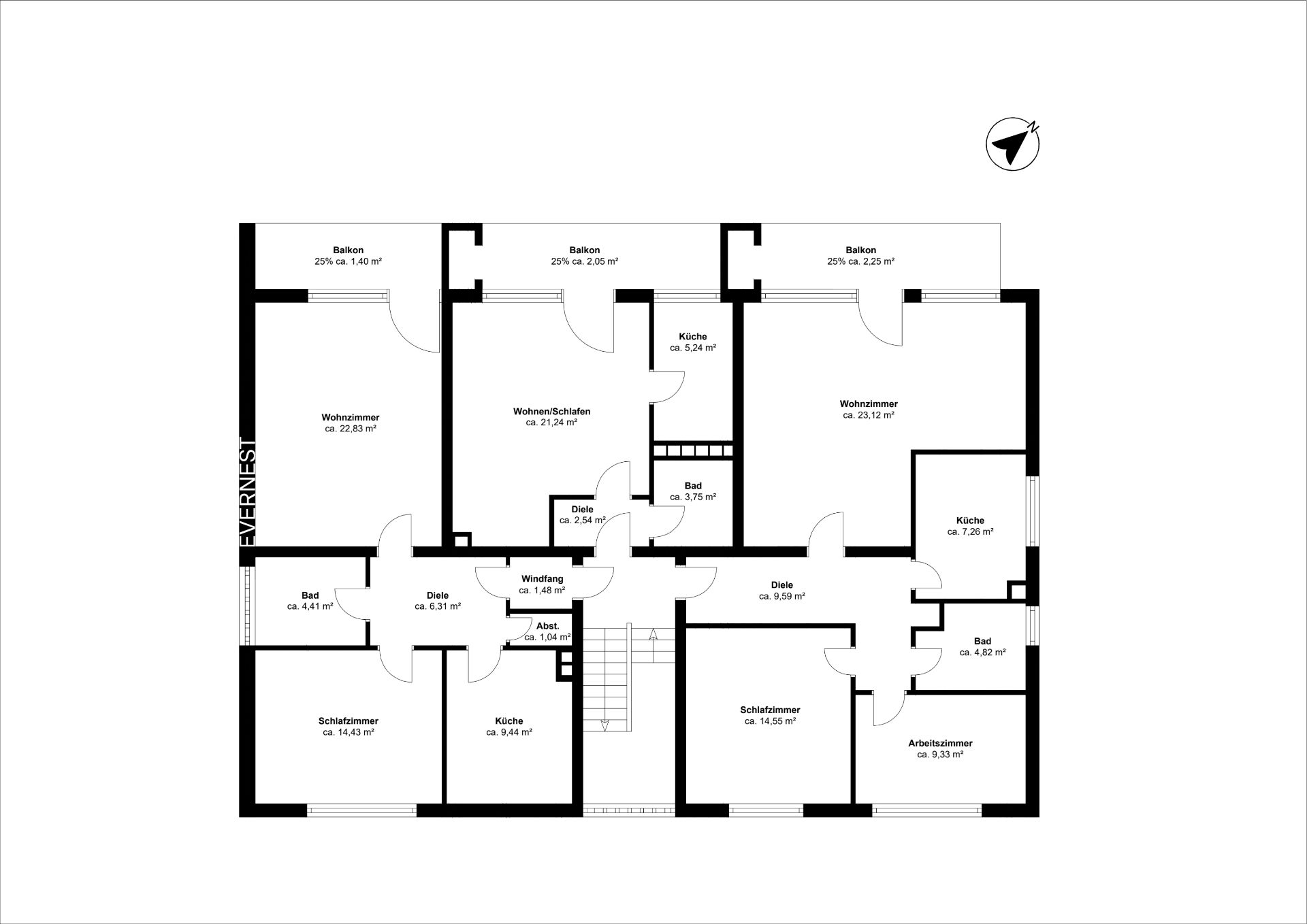 Grundriss einer Wohnung mit Wohnzimmern, Schlafzimmern, Küchen, Bädern und Balkonen.