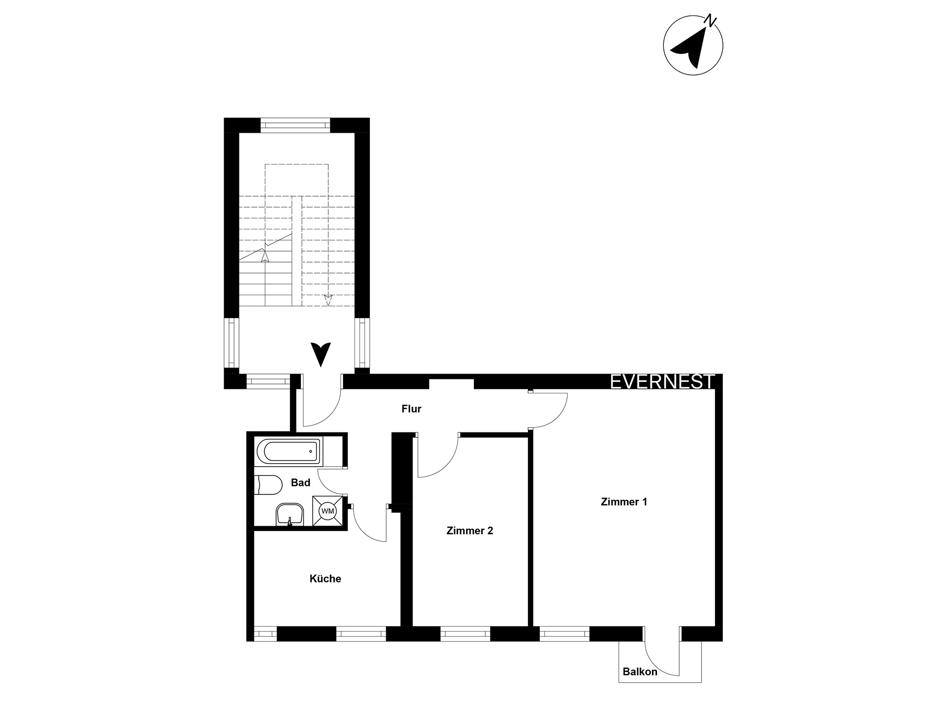 Grundriss einer Wohnung mit Flur, Küche, Bad, zwei Zimmern und Balkon.