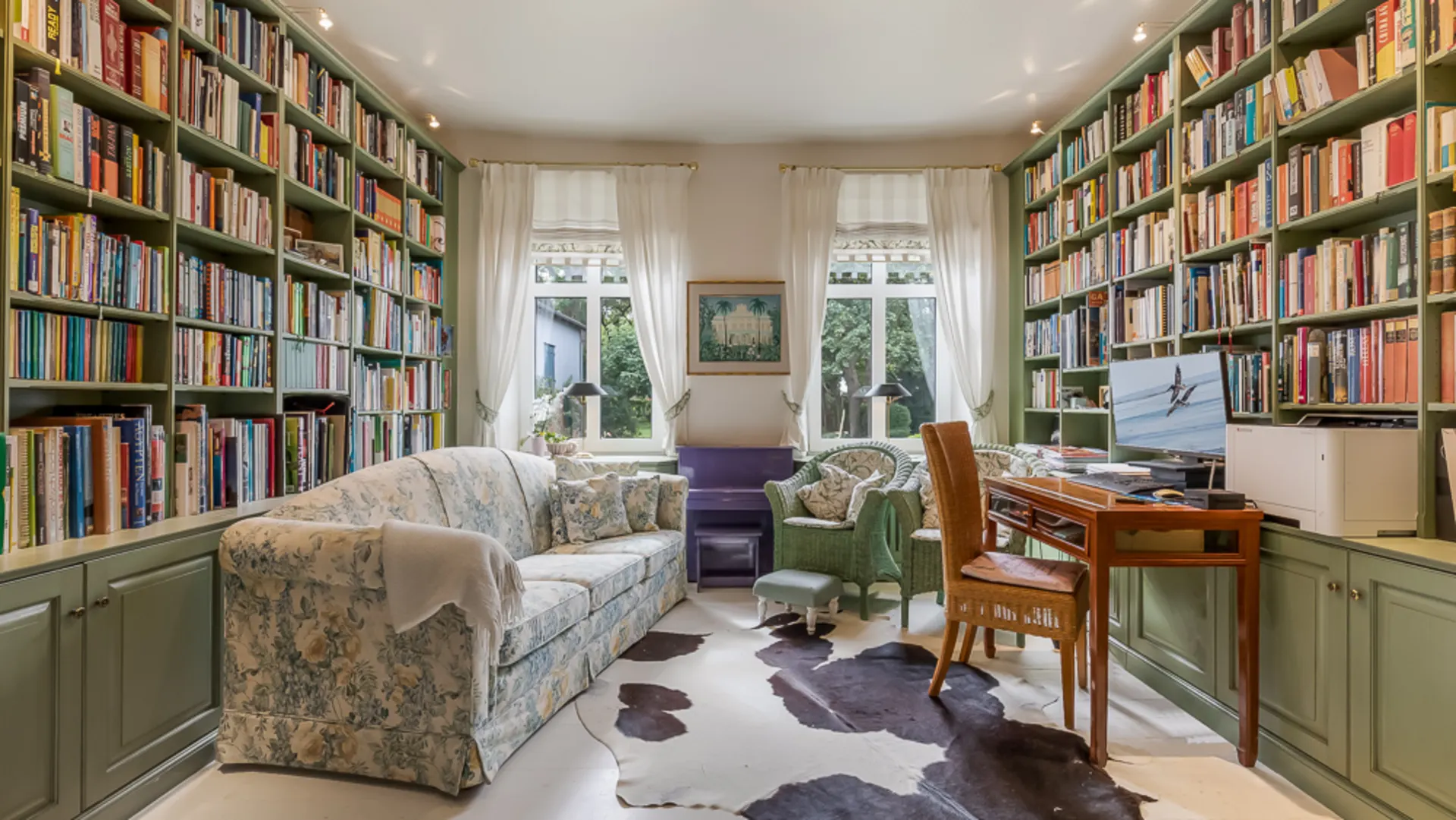 Wohnzimmer mit Bücherregalen, Sofa, Schreibtisch und zwei Fenstern mit weißen Vorhängen.