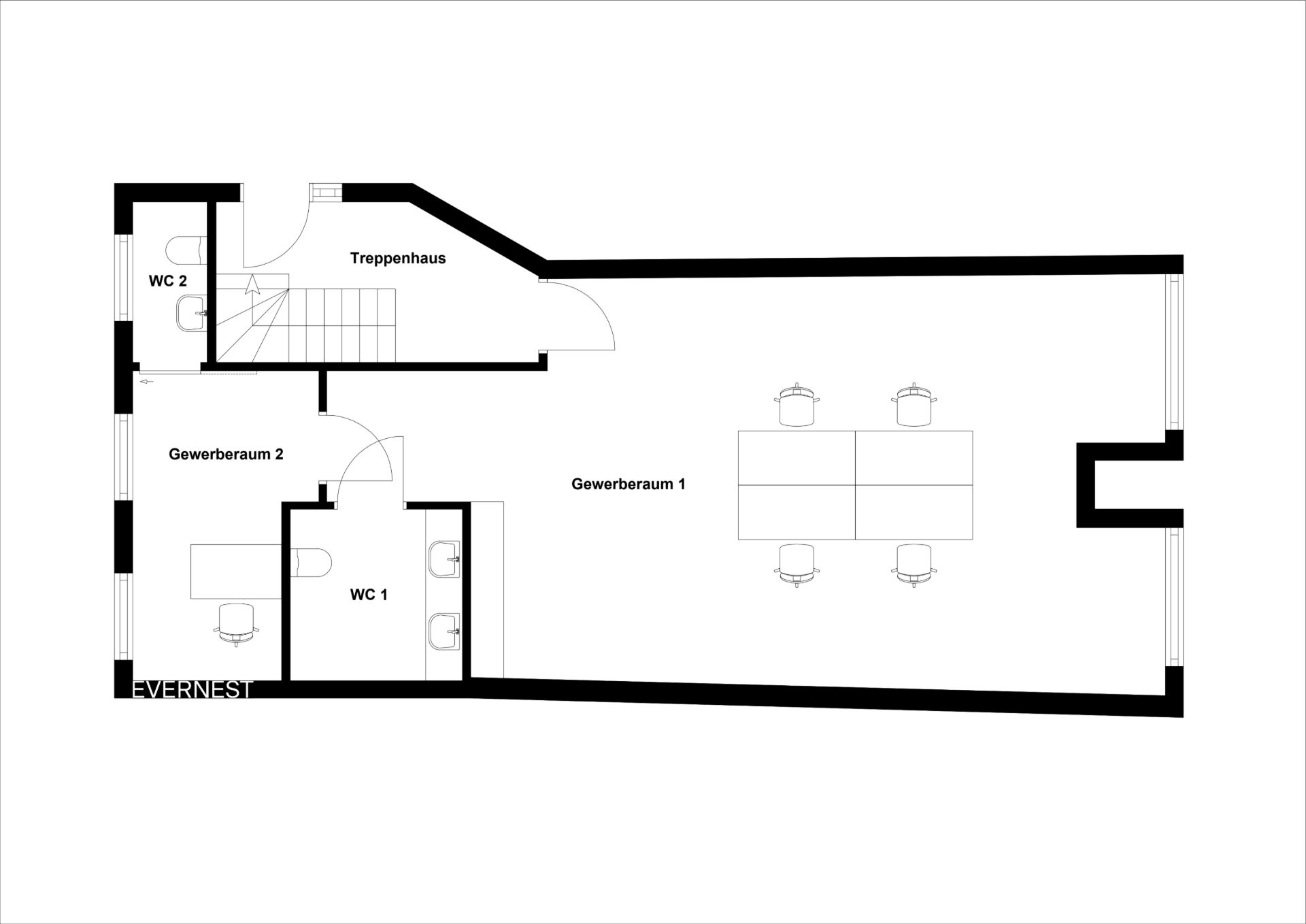 Grundriss mit zwei Gewerberäumen, zwei WCs und einem Treppenhaus.