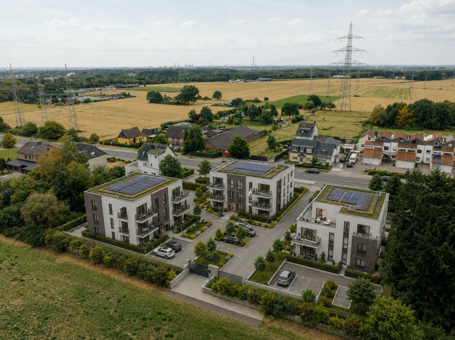 Luftaufnahme von drei modernen Wohngebäuden mit Solaranlagen auf den Dächern und Grünflächen.