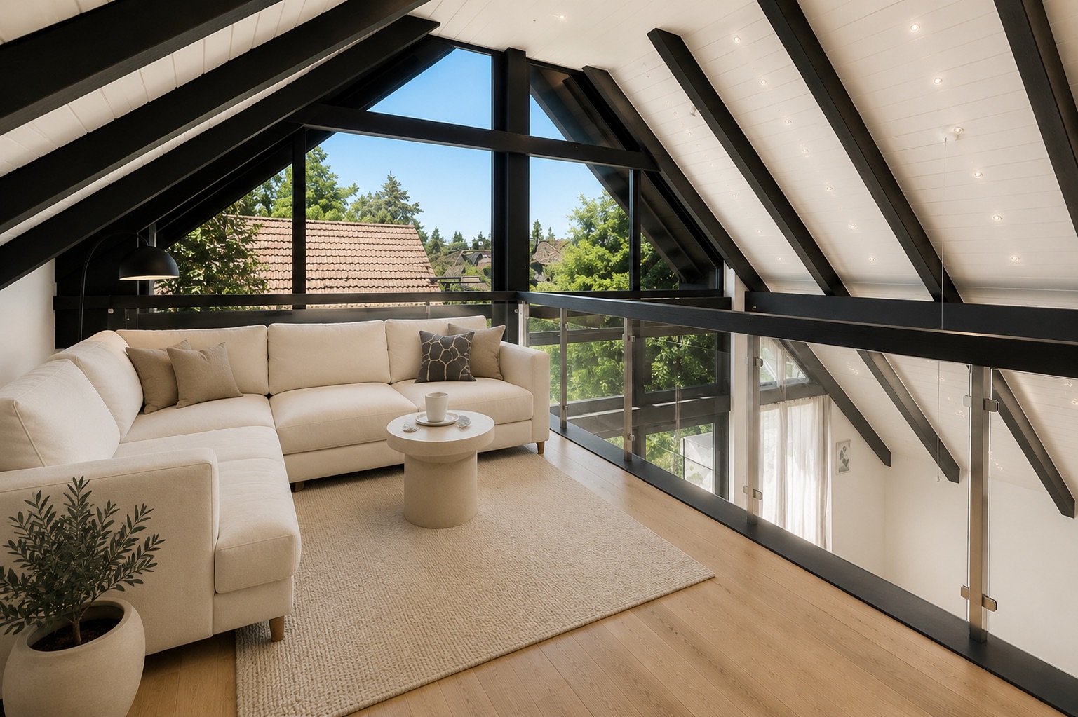 Heller Dachboden mit Ecksofa, Couchtisch, Teppich und großen Fenstern mit Blick ins Grüne.