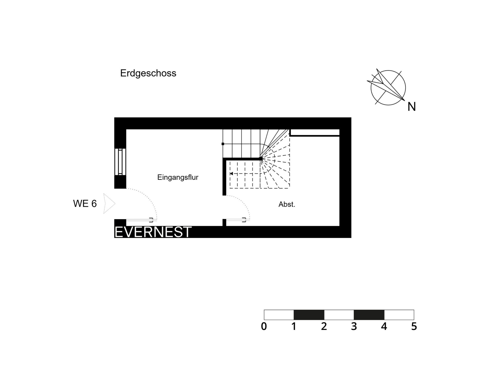 Grundriss eines Erdgeschosses mit Eingangsflur, Abstellraum und Treppe.