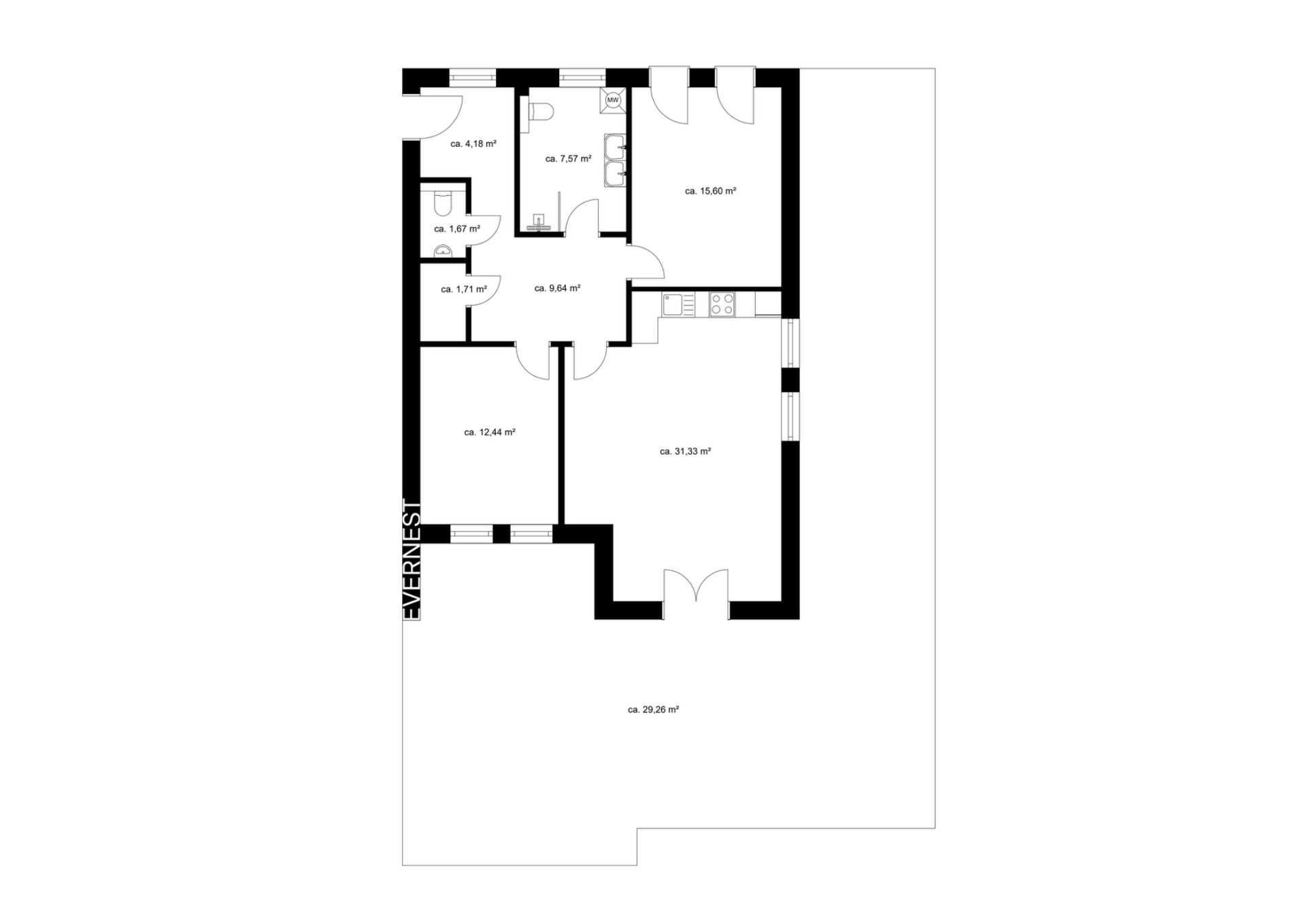 Grundriss einer Wohnung mit mehreren Zimmern, Küche und Bad, Flächenangaben in Quadratmetern.