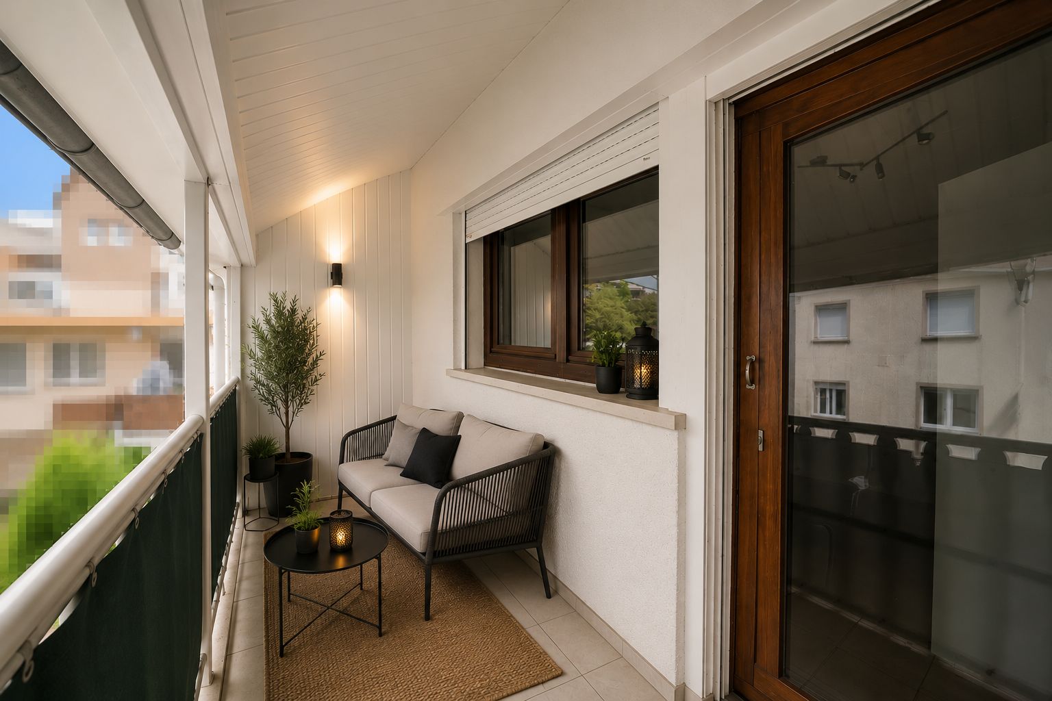 Balkon mit Sofa, kleinem Tisch, Teppich und Pflanzen vor einer Wohnung.