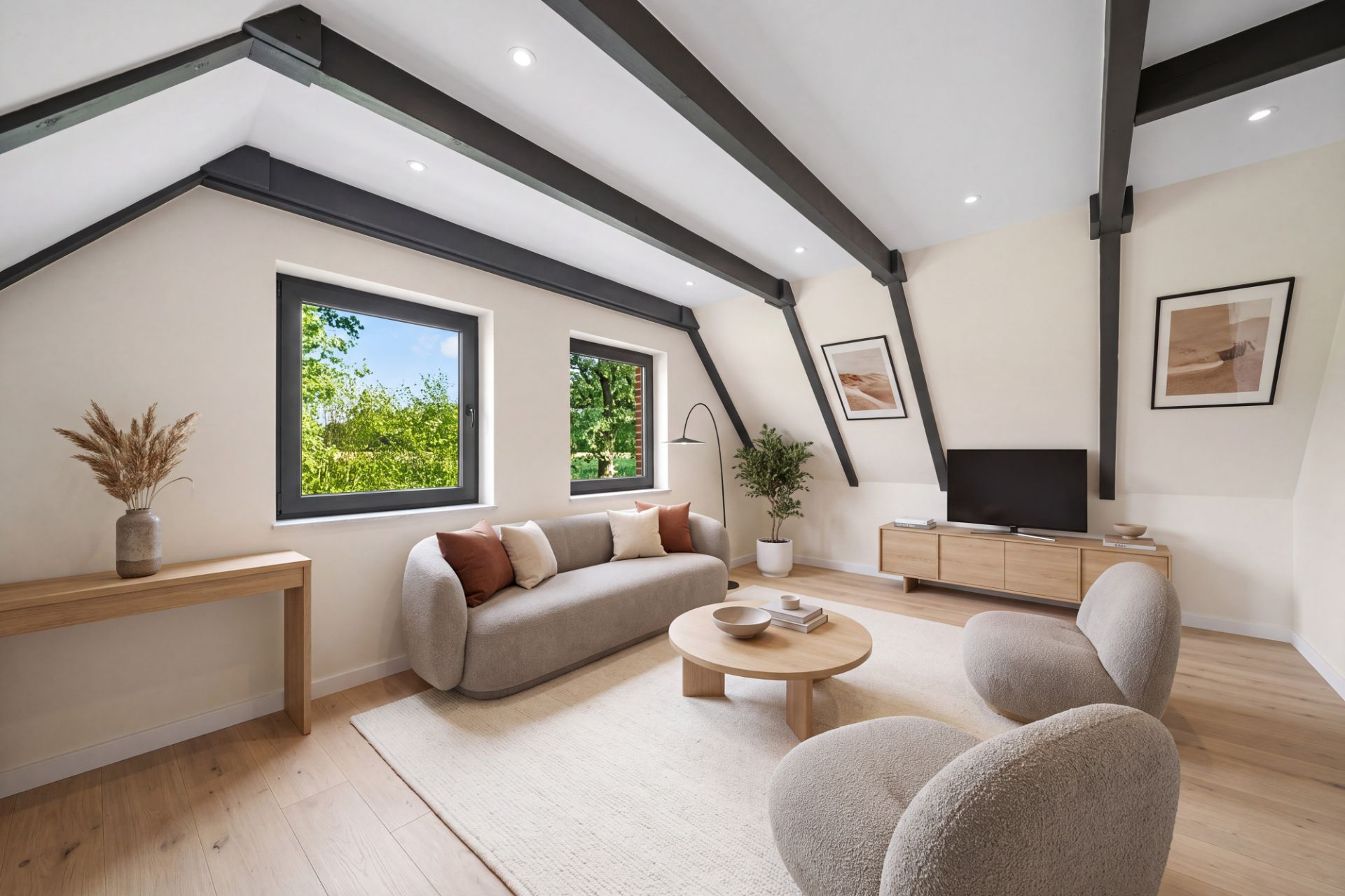 Modernes Wohnzimmer mit Sofa, zwei Sesseln, Couchtisch, TV und großen Fenstern unter Dachschrägen.