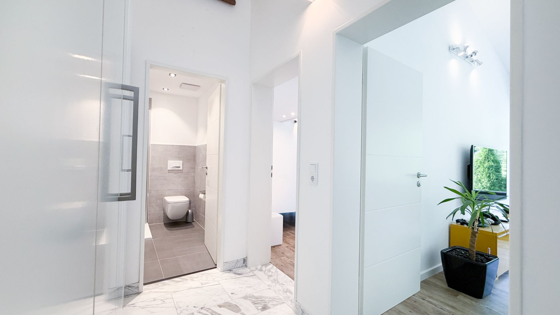 Heller Flur mit Blick ins Bad und in ein Wohnzimmer mit Pflanze und Fernseher.