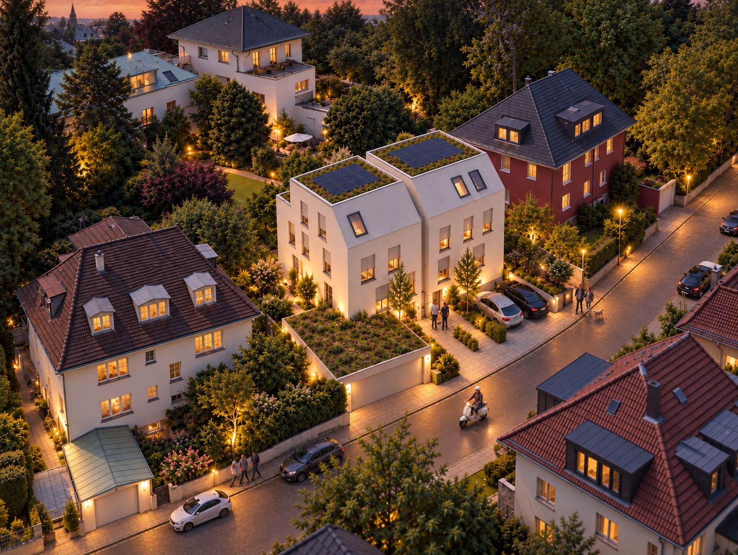 Abendaufnahme von Wohnhäusern in einer grünen, beleuchteten Wohnstraße mit Menschen und geparkten Autos.