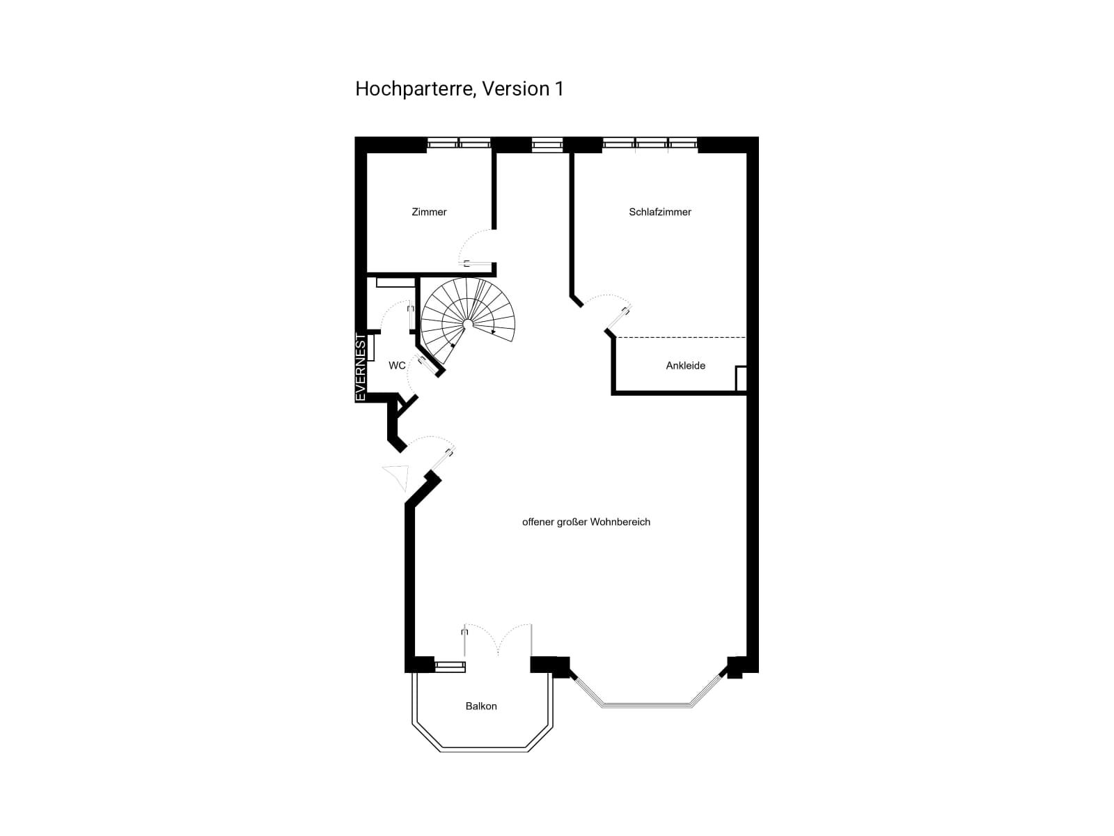 Grundriss eines Wohnbereichs mit Zimmer, Schlafzimmer, Ankleide, WC, Balkon und Treppe.