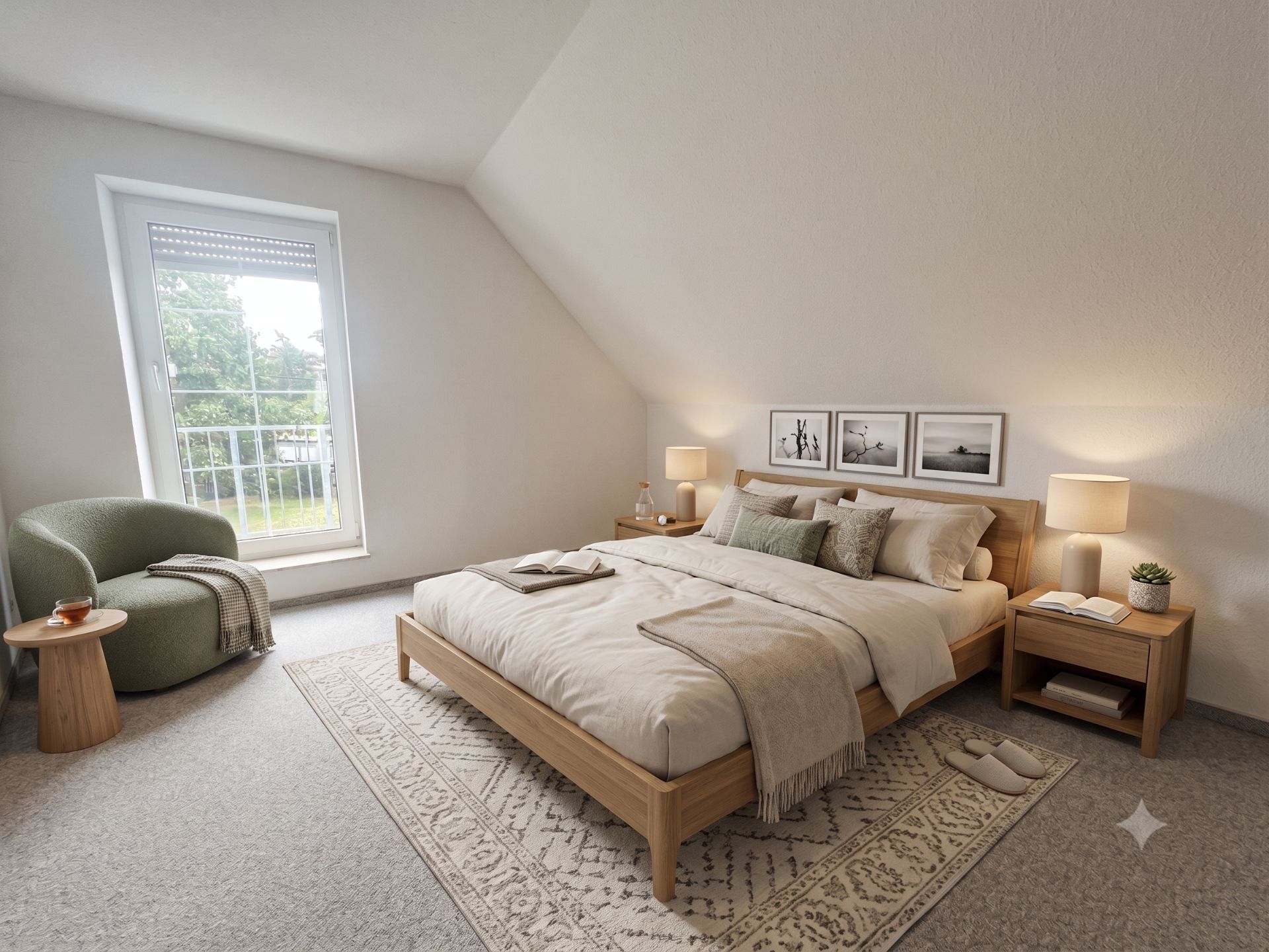 Helles Schlafzimmer mit großem Bett, zwei Nachttischen, Sessel und Teppich.