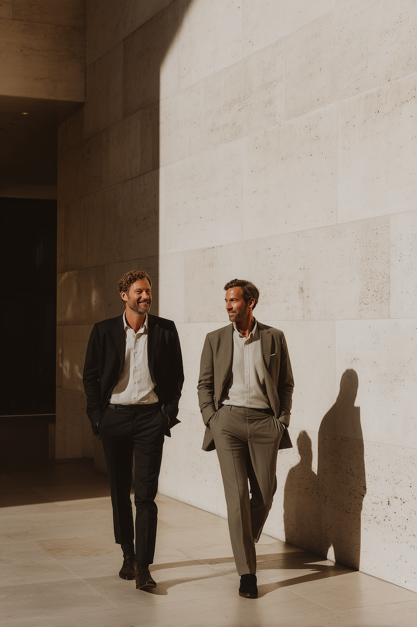 Zwei Männer in Anzügen gehen nebeneinander an einer hellen Steinwand entlang.