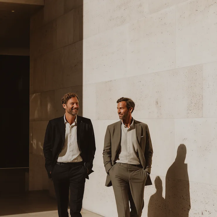 Zwei Männer in Anzügen gehen nebeneinander an einer hellen Steinwand entlang.