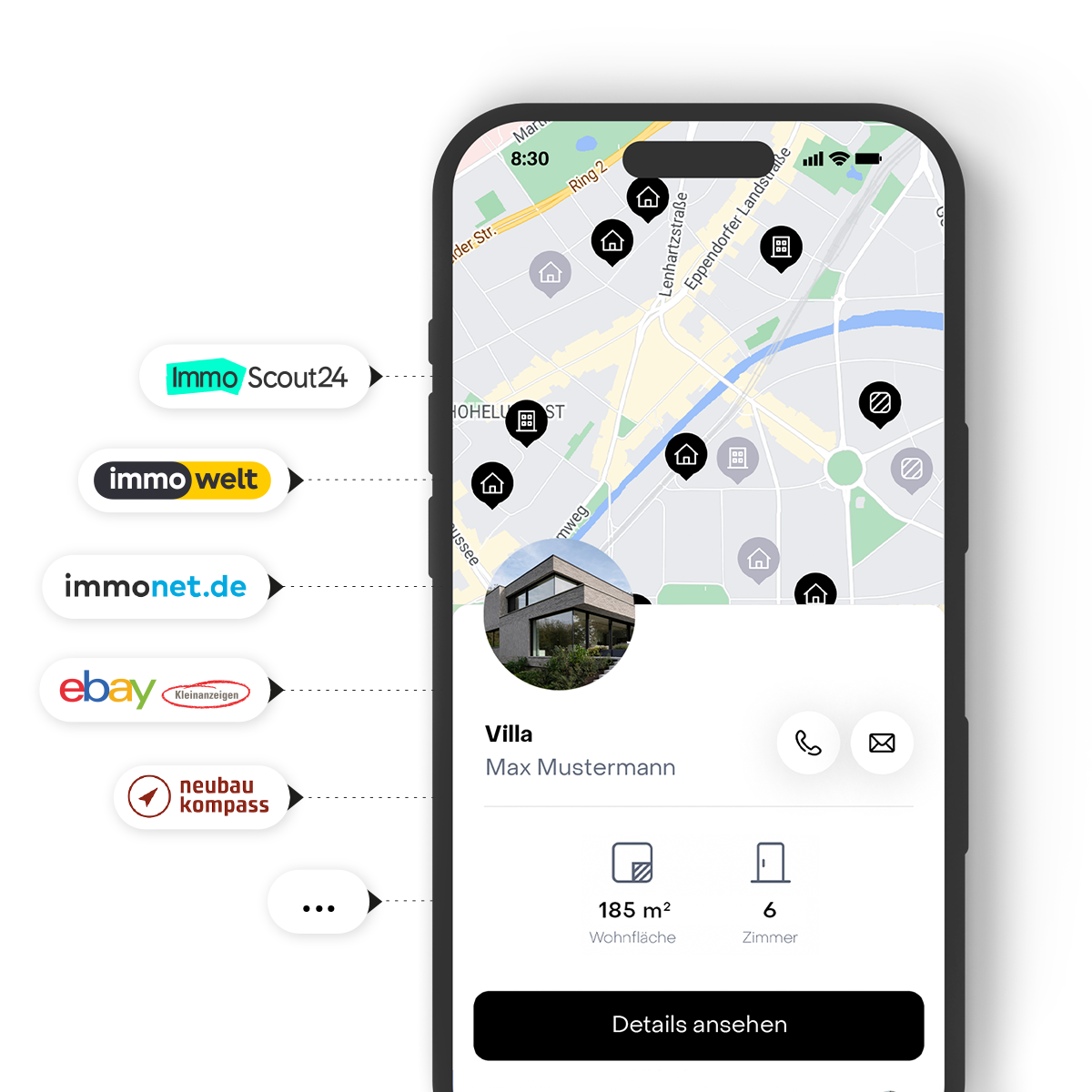 Smartphone mit Immobilien-App zeigt Karte, Hausdetails und Kontakte an.