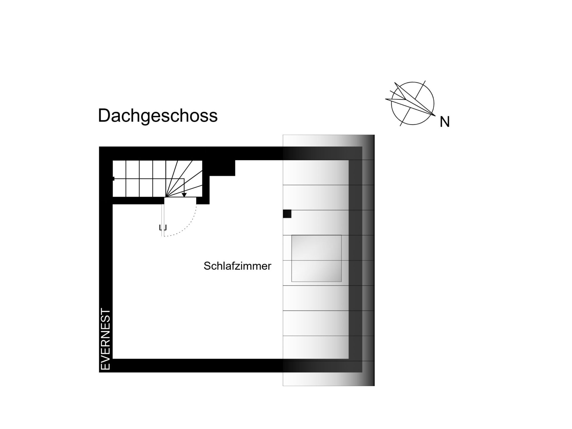Grundriss eines Dachgeschosses mit Schlafzimmer und Treppe.