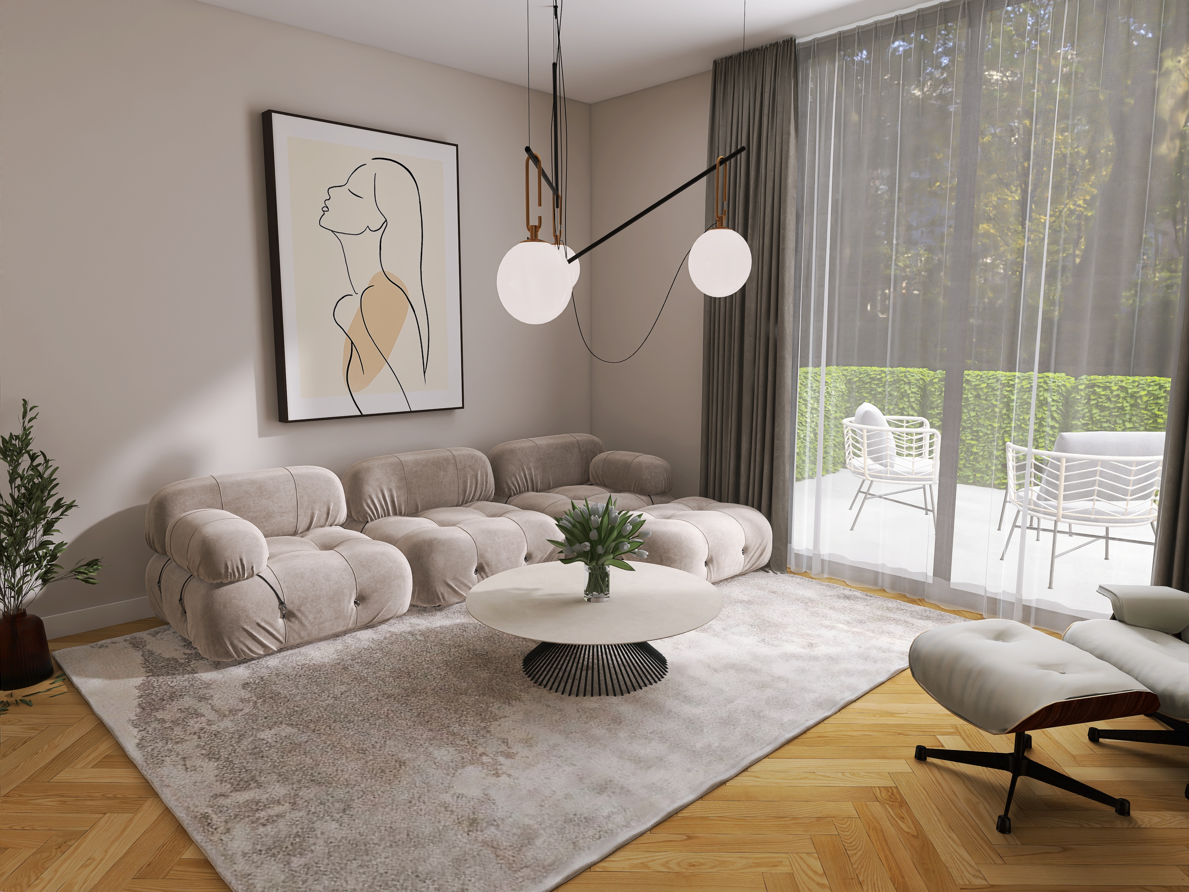 Modernes Wohnzimmer mit beigem Sofa, rundem Tisch und großer Fensterfront zur Terrasse.