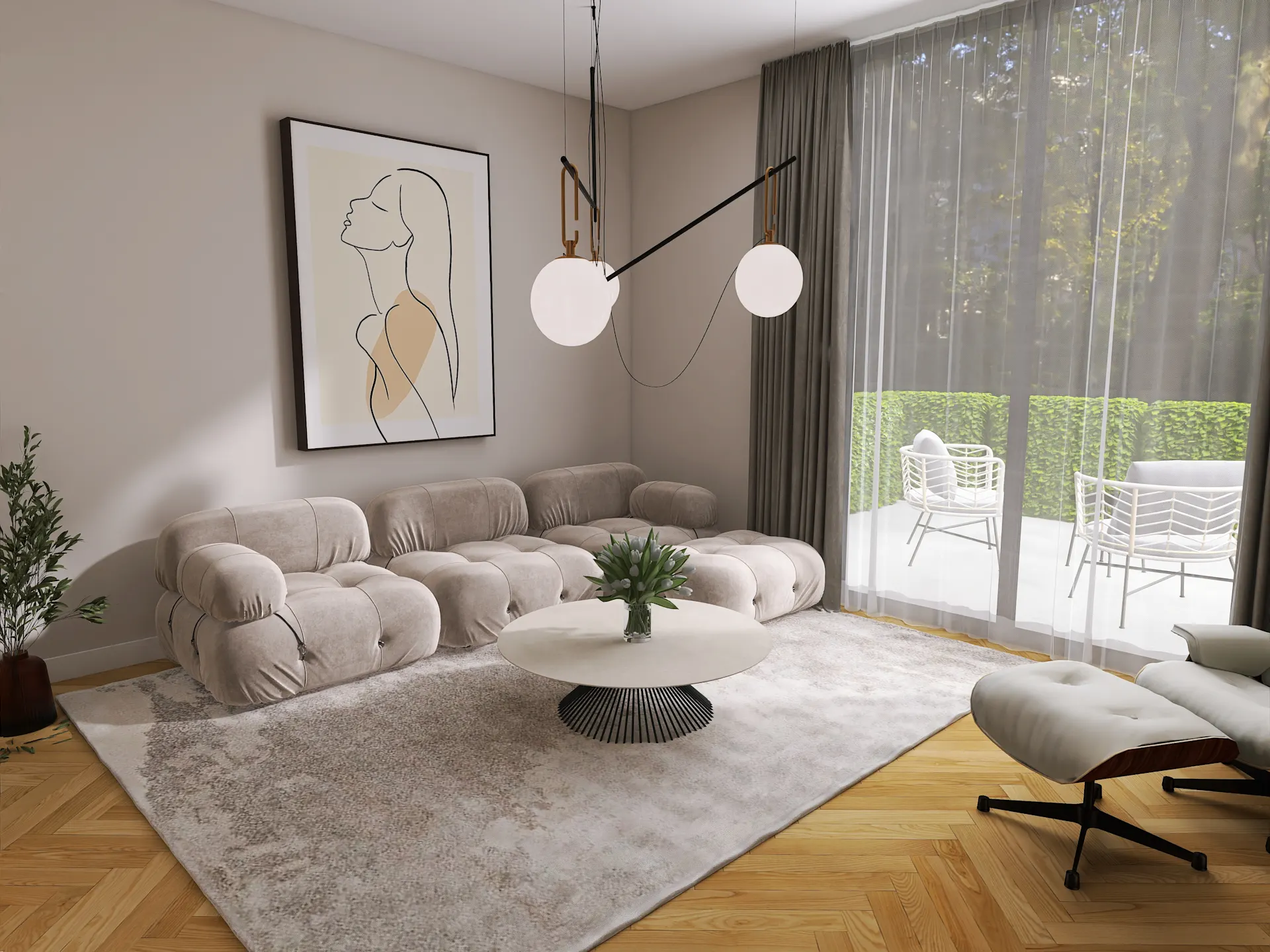 Modernes Wohnzimmer mit beigem Sofa, rundem Tisch und großer Fensterfront zur Terrasse.