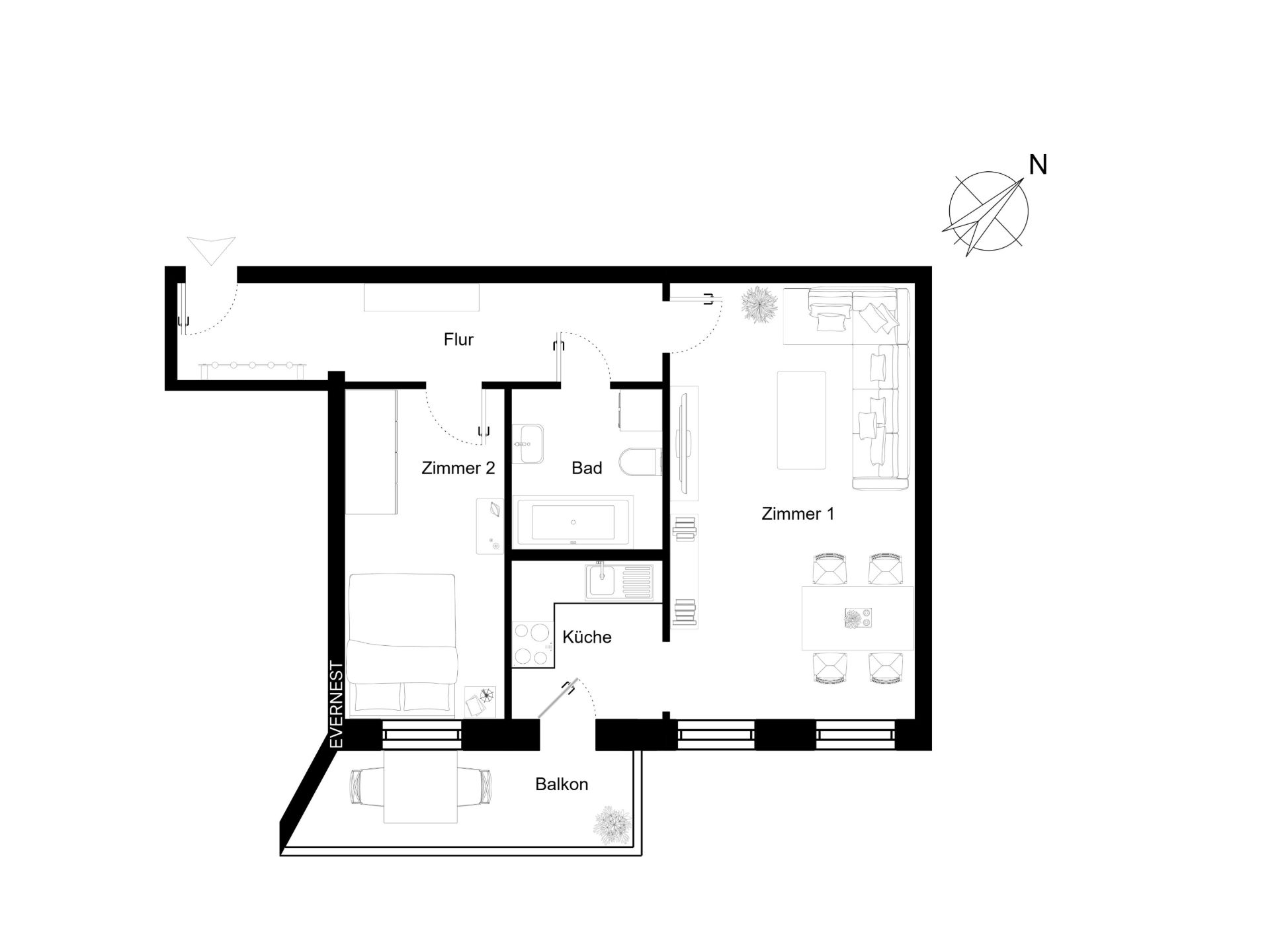 Grundriss einer Wohnung mit zwei Zimmern, Küche, Bad, Flur und Balkon.