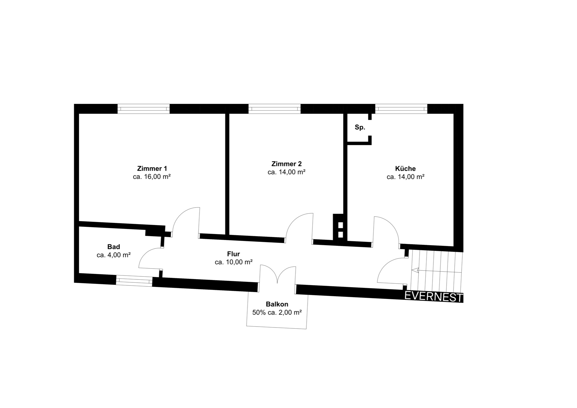 Grundriss einer Wohnung mit zwei Zimmern, Küche, Bad, Flur und Balkon.