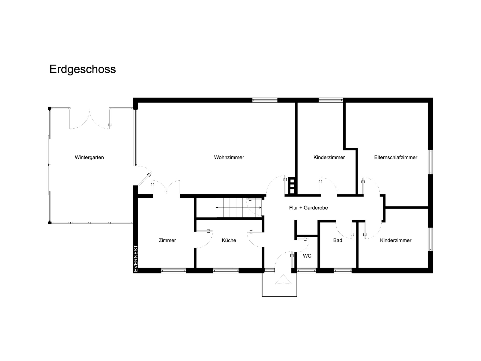 Grundriss des Erdgeschosses mit Wohnzimmer, Wintergarten, Küche, Bad, WC und mehreren Zimmern.