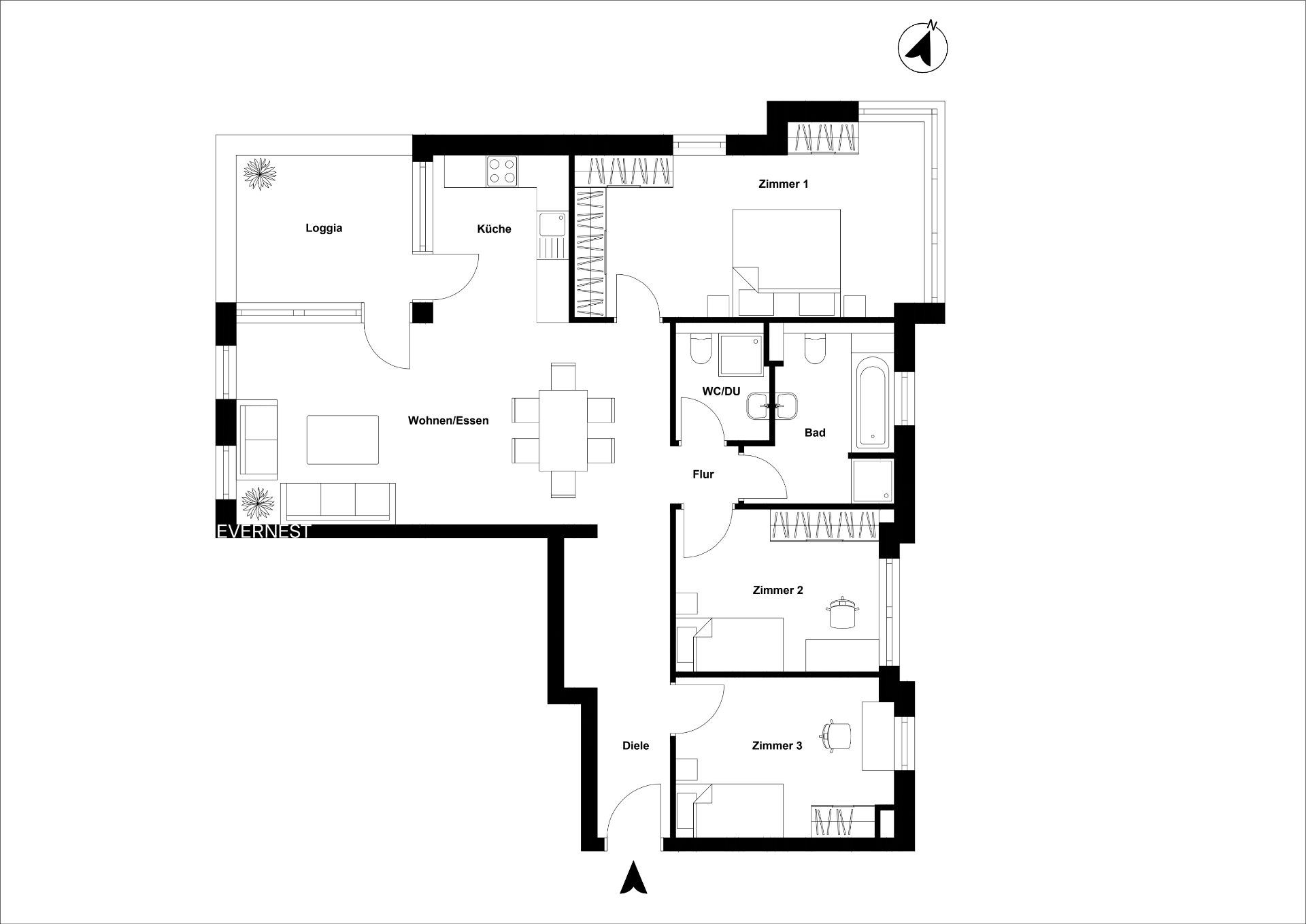 Grundriss einer Wohnung mit drei Zimmern, Küche, Bad, WC, Wohn-/Essbereich und Loggia.