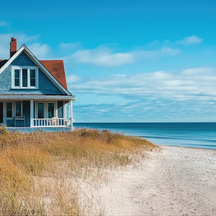 Blaues Haus mit Veranda steht direkt am Sandstrand mit Meerblick.