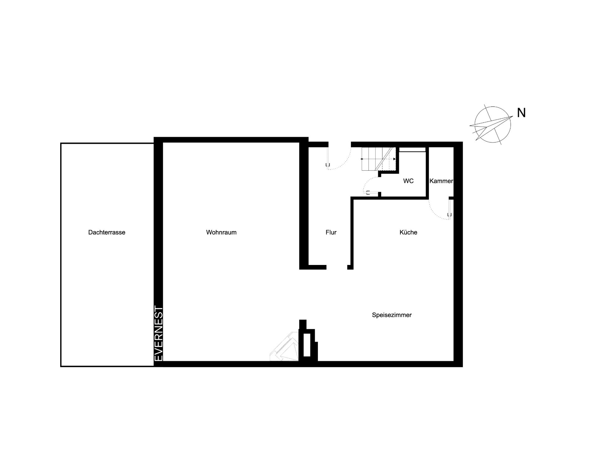 Grundriss mit Wohnzimmer, Dachterrasse, Küche, Speisezimmer, WC, Kammer und Flur.