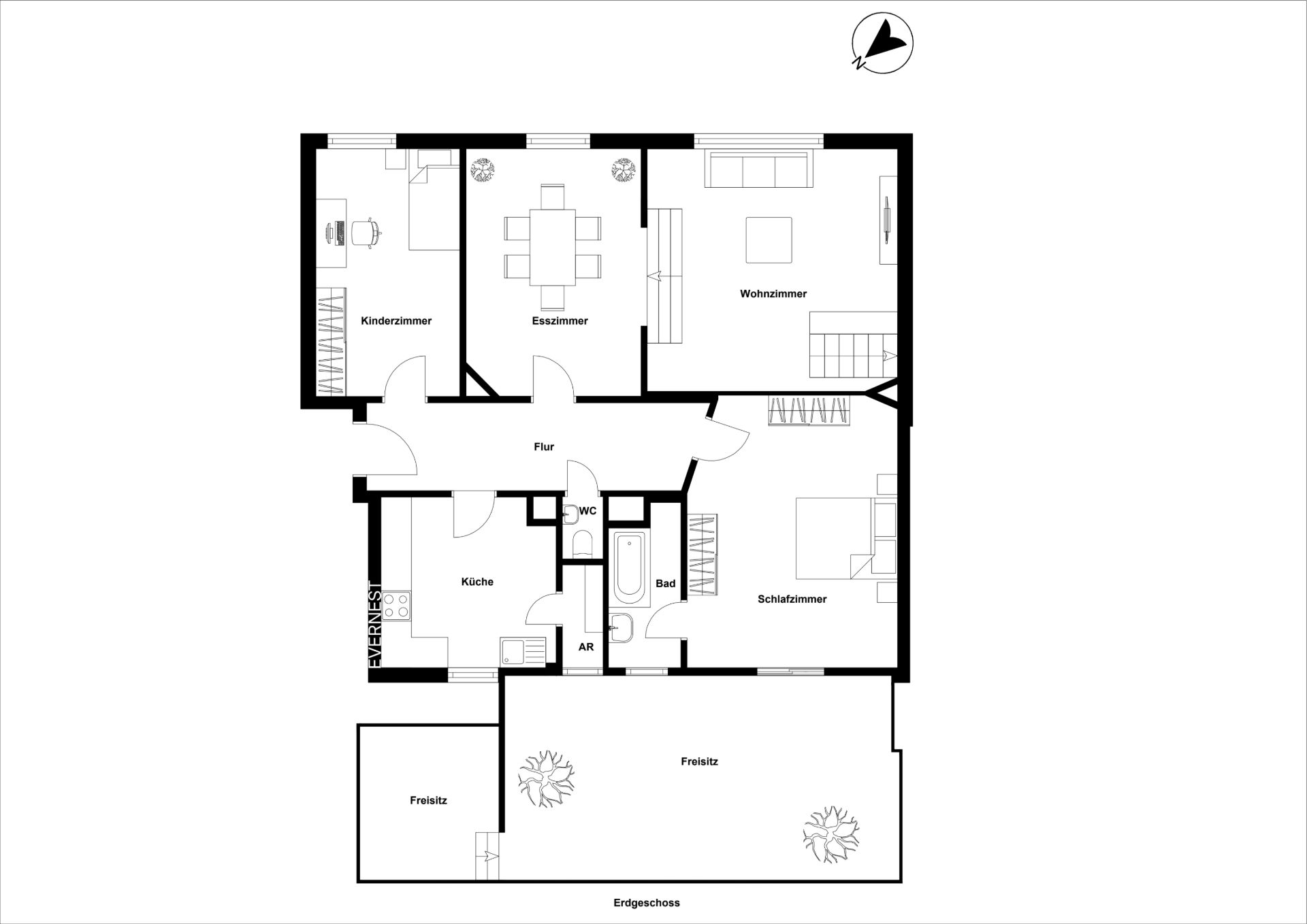 Grundriss eines Erdgeschosses mit Wohn-, Ess-, Kinderzimmer, Küche, Bad, WC und Freisitz.