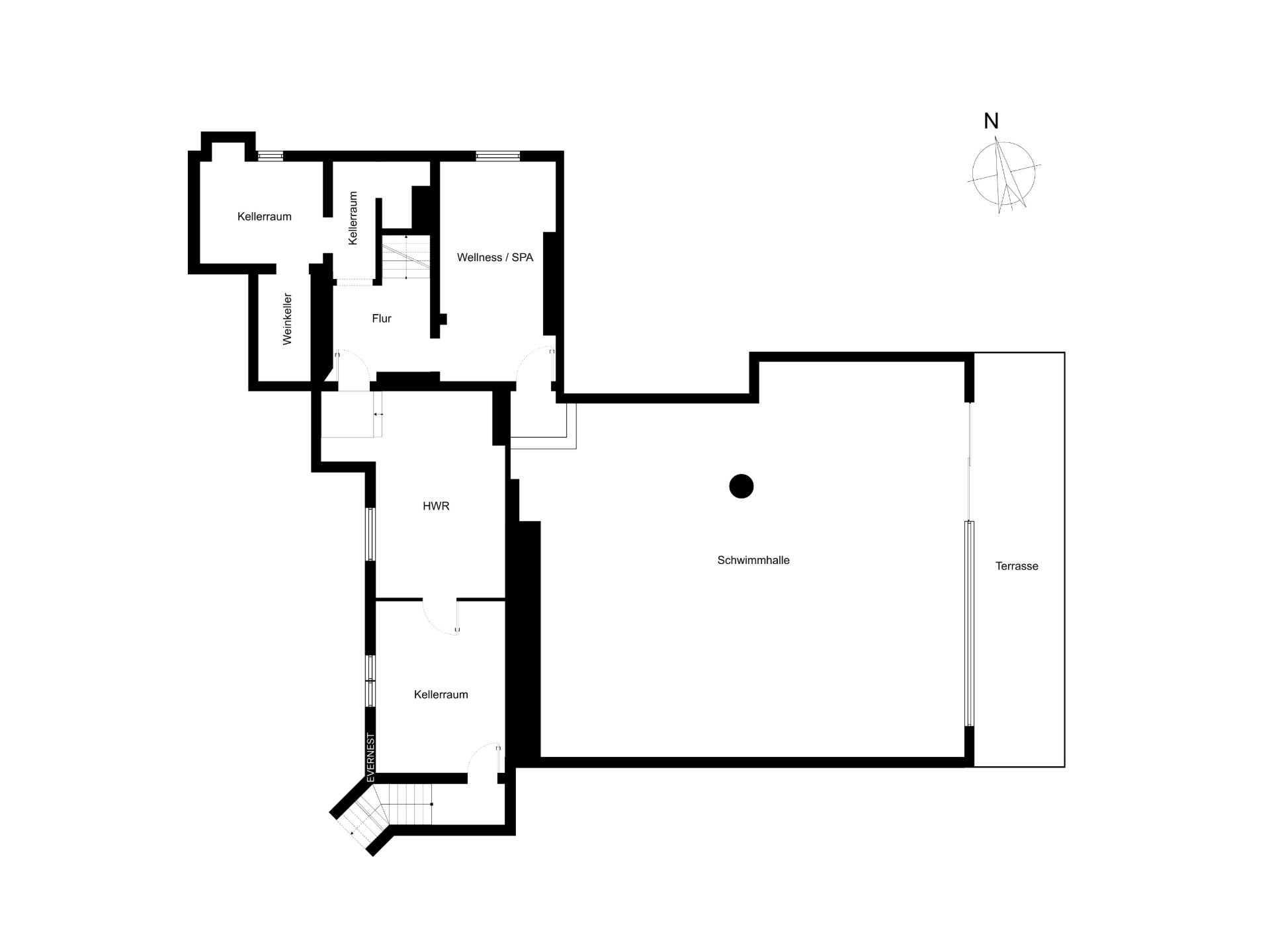 Grundriss mit Schwimmhalle, Wellnessbereich, Kellerräumen und Terrasse.