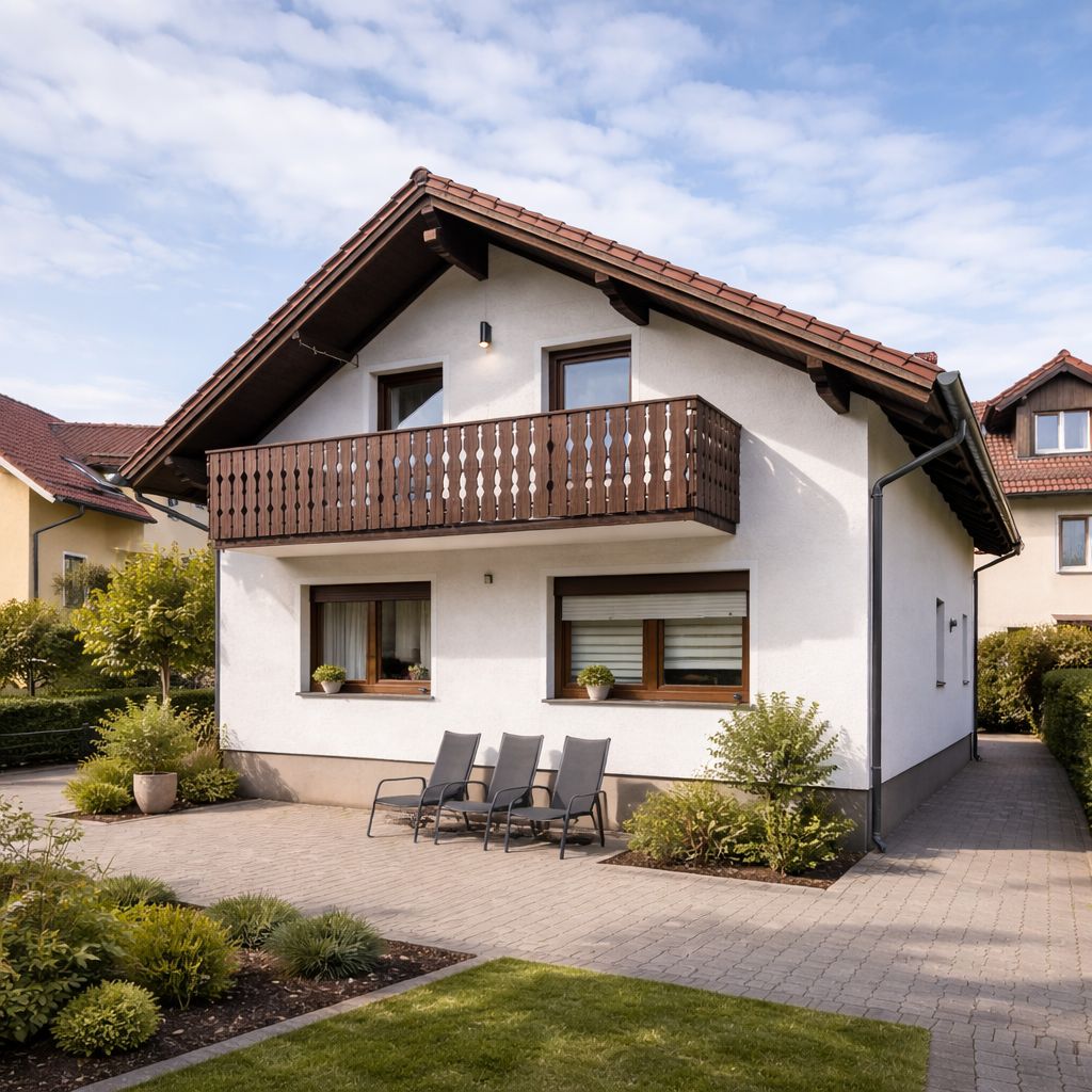 Weißes Einfamilienhaus mit braunem Balkon und drei Gartenliegen im Vorgarten.
