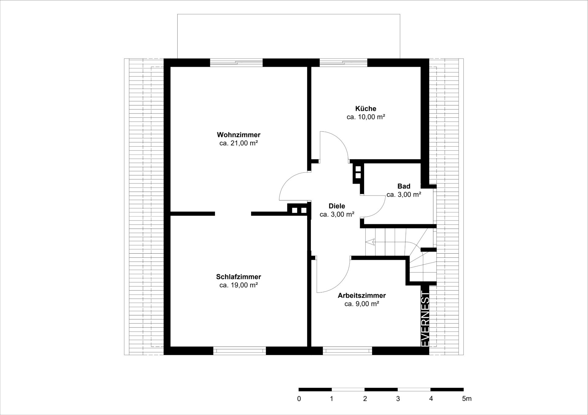 Grundriss mit Wohnzimmer, Schlafzimmer, Küche, Bad, Diele und Arbeitszimmer.