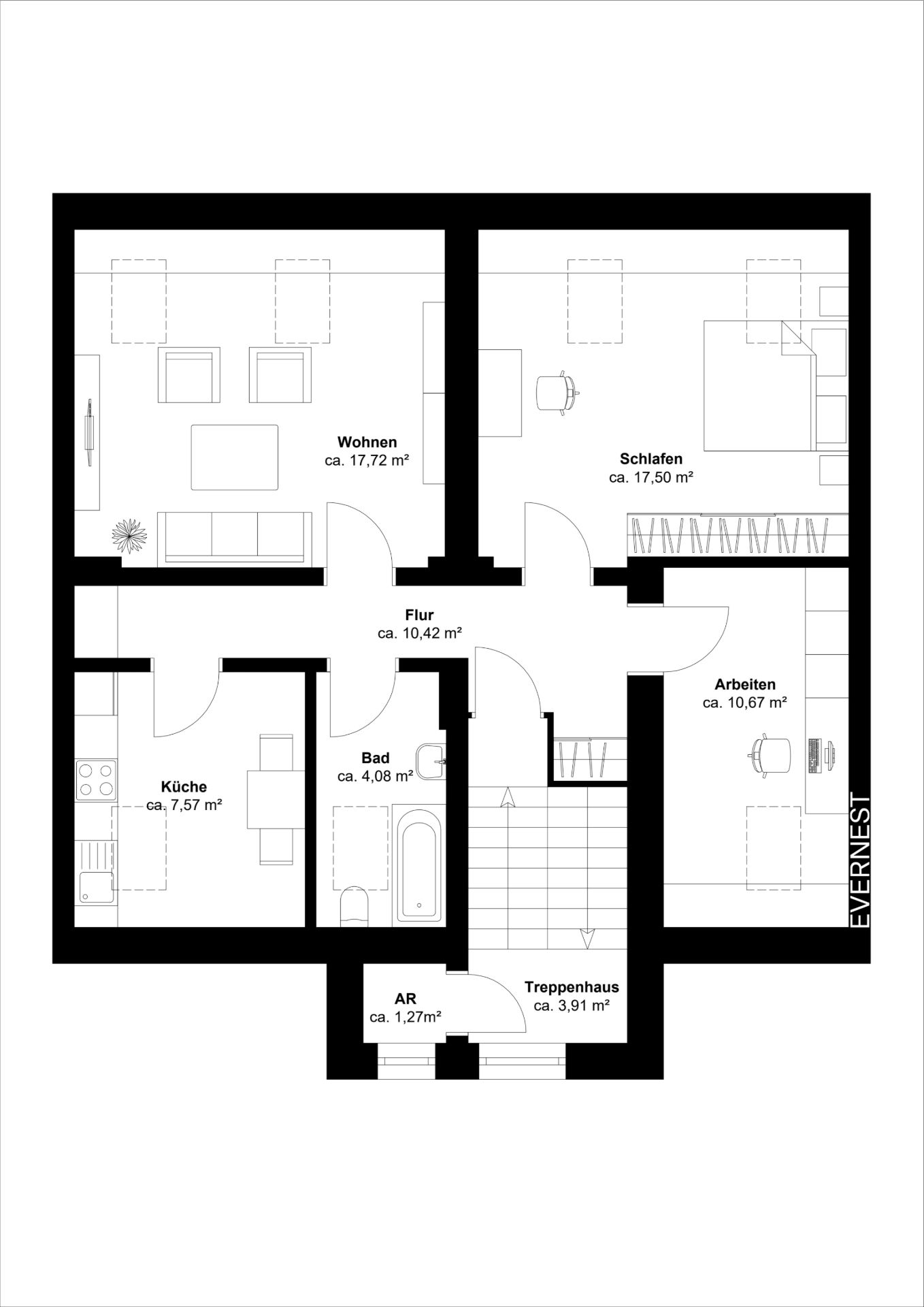 Grundriss einer Wohnung mit Wohn-, Schlaf-, Arbeitszimmer, Küche, Bad, Flur und Abstellraum.
