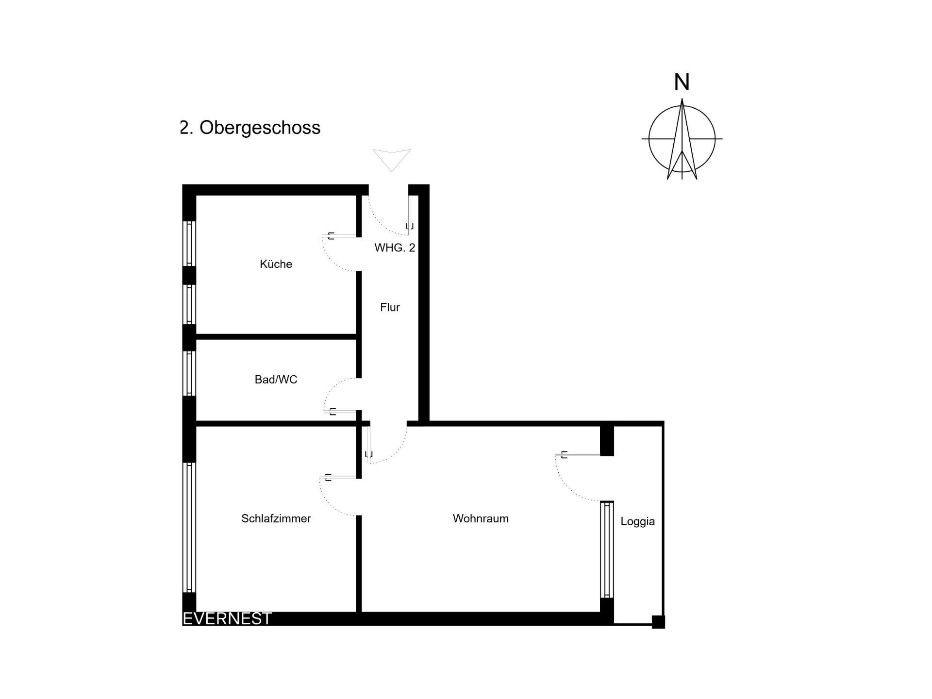 Grundriss einer Wohnung mit Küche, Bad/WC, Schlafzimmer, Wohnraum, Flur und Loggia.