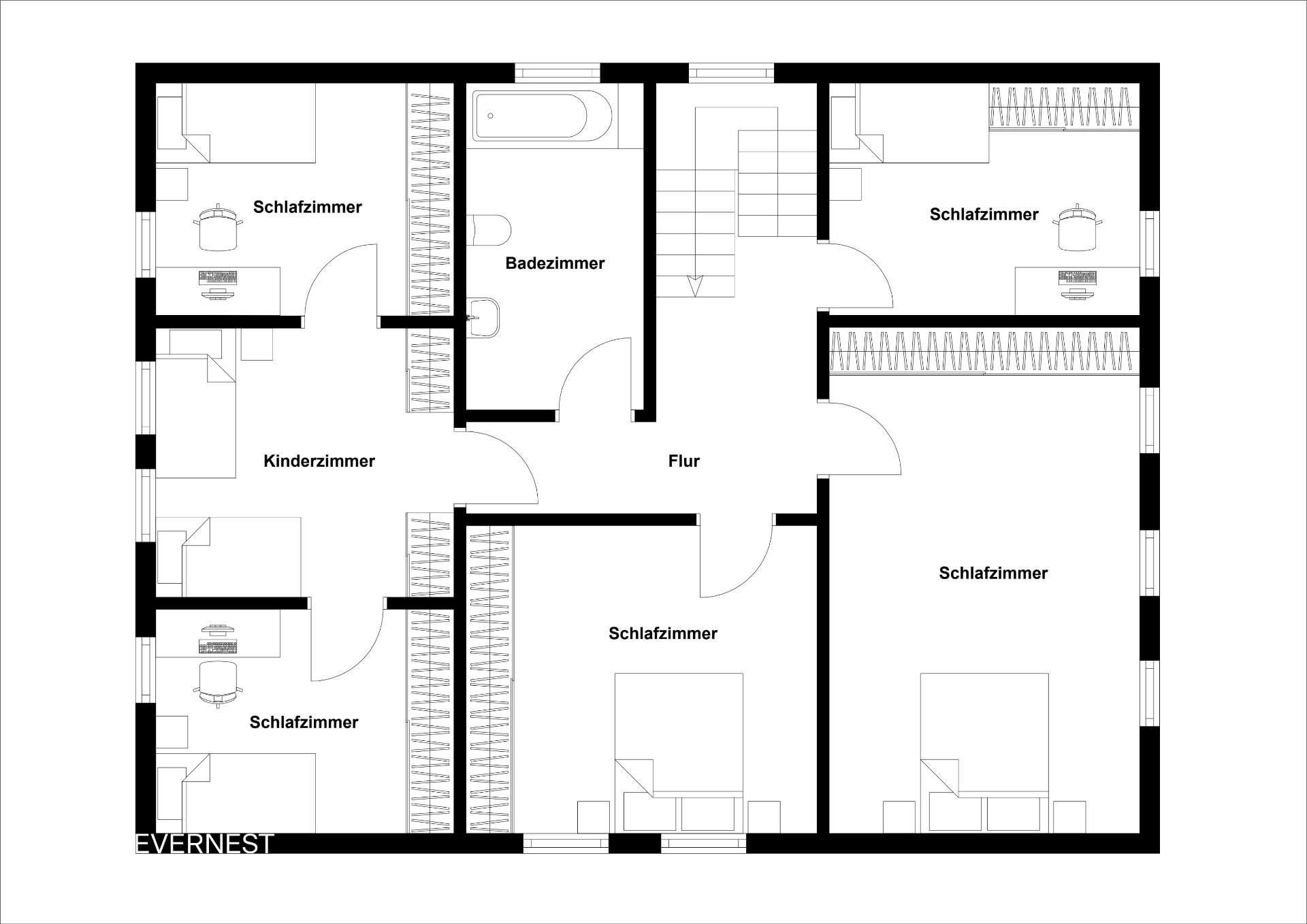 Grundriss einer Wohnung mit fünf Schlafzimmern, einem Kinderzimmer, Bad und Flur.