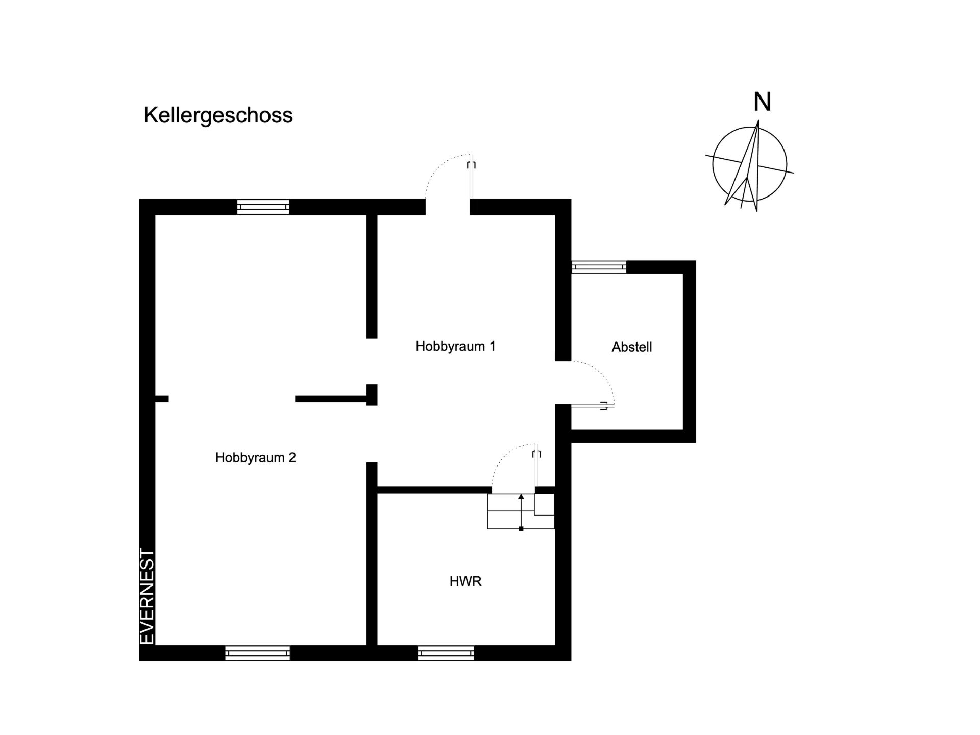 Grundriss des Kellergeschosses mit zwei Hobbyräumen, HWR und Abstellraum.