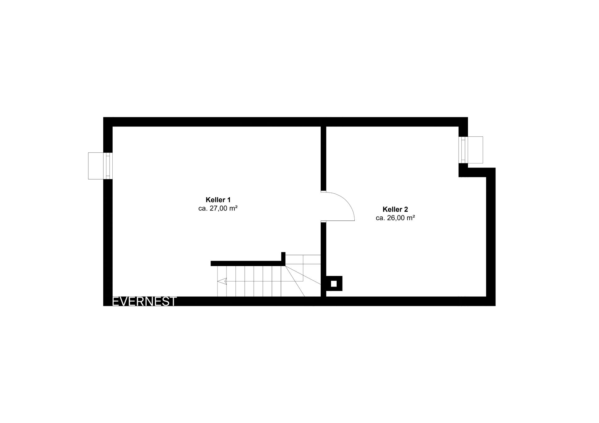 Grundriss eines Kellers mit zwei Räumen, Keller 1 und Keller 2, und einer Treppe.