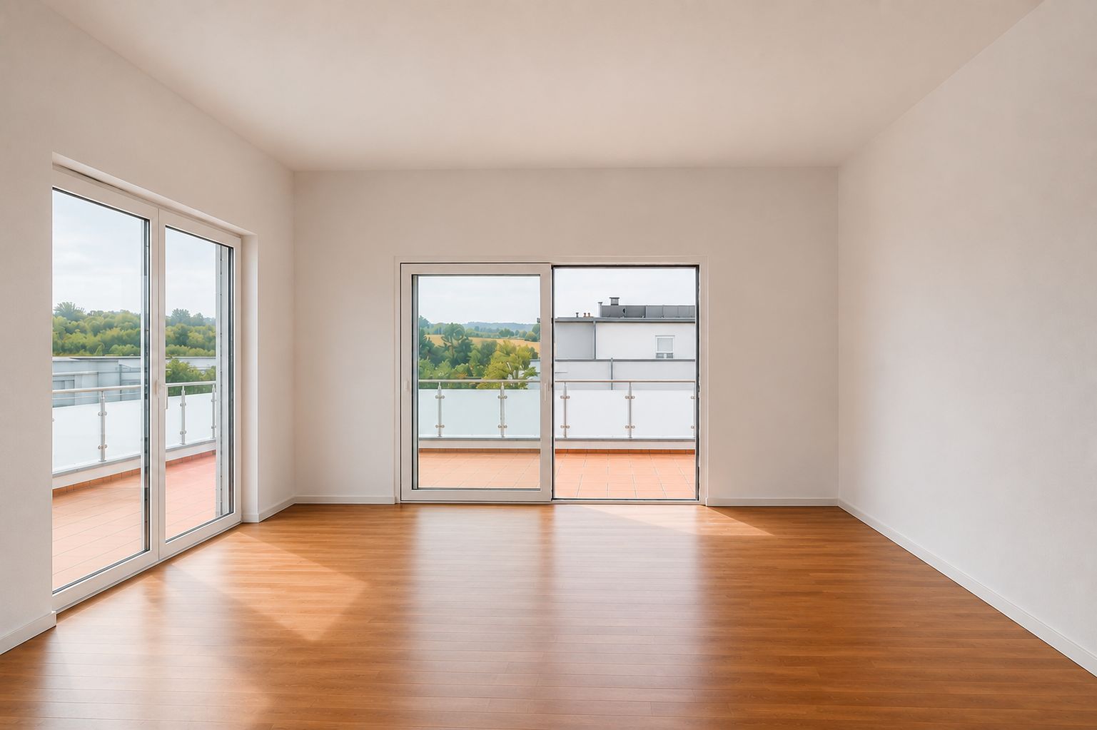 Leerer Raum mit hellem Holzboden und großen Fenstern zu einem Balkon.