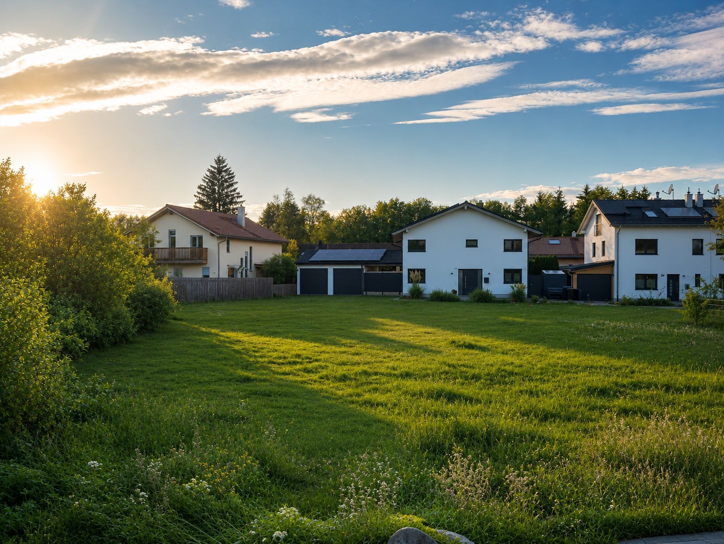 Mehrere moderne Einfamilienhäuser mit Gärten, davor eine große grüne Wiese bei Sonnenuntergang.