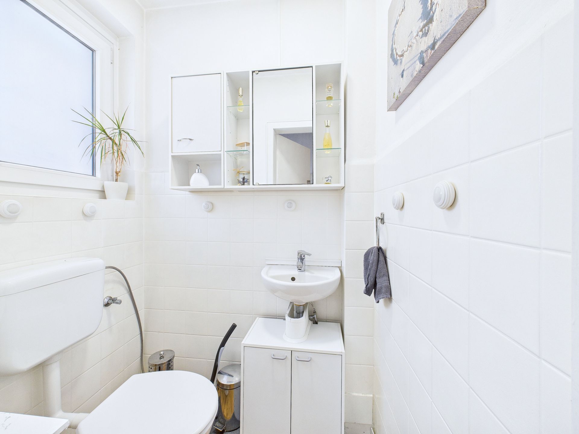 Helles Badezimmer mit WC, Waschbecken, Spiegel, Fenster und einer Pflanze auf der Fensterbank.