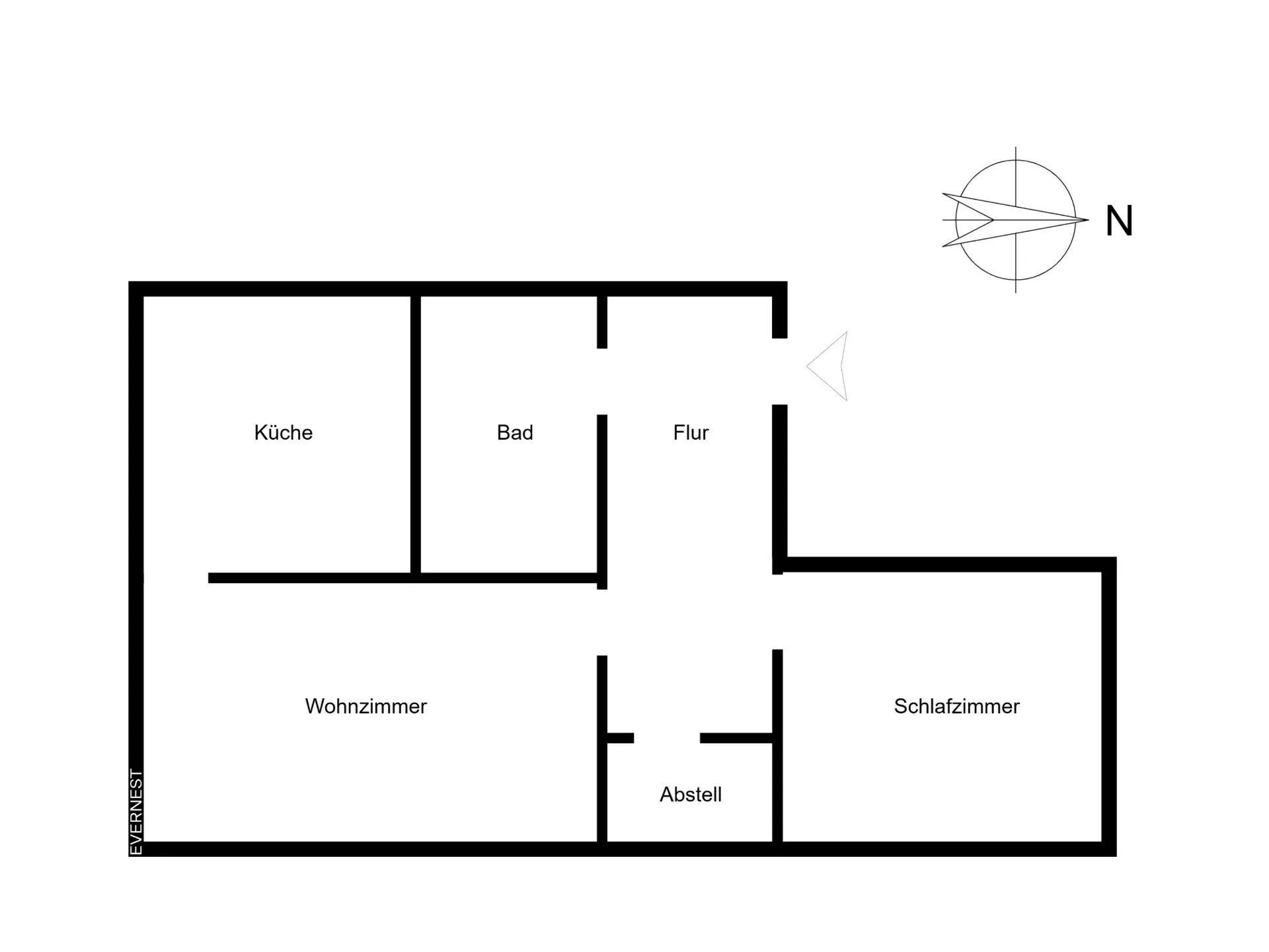 Grundriss mit Wohnzimmer, Schlafzimmer, Küche, Bad, Flur und Abstellraum.